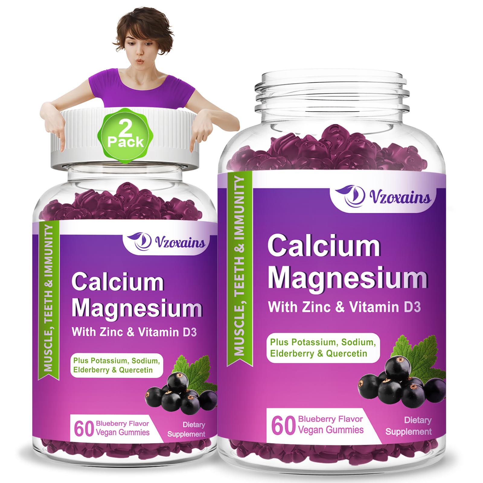 VZOXAINS Calcium Magnesium Zinc Gummies front view packaging