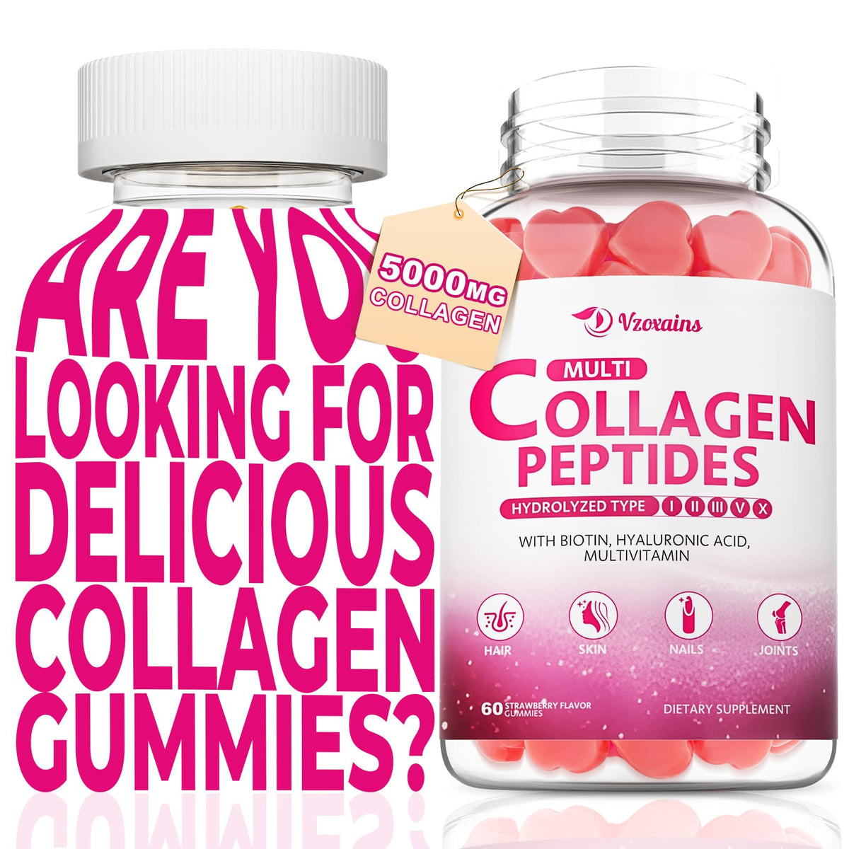 VZOXAINS Collagen Gummies 300g front view with strawberry flavour