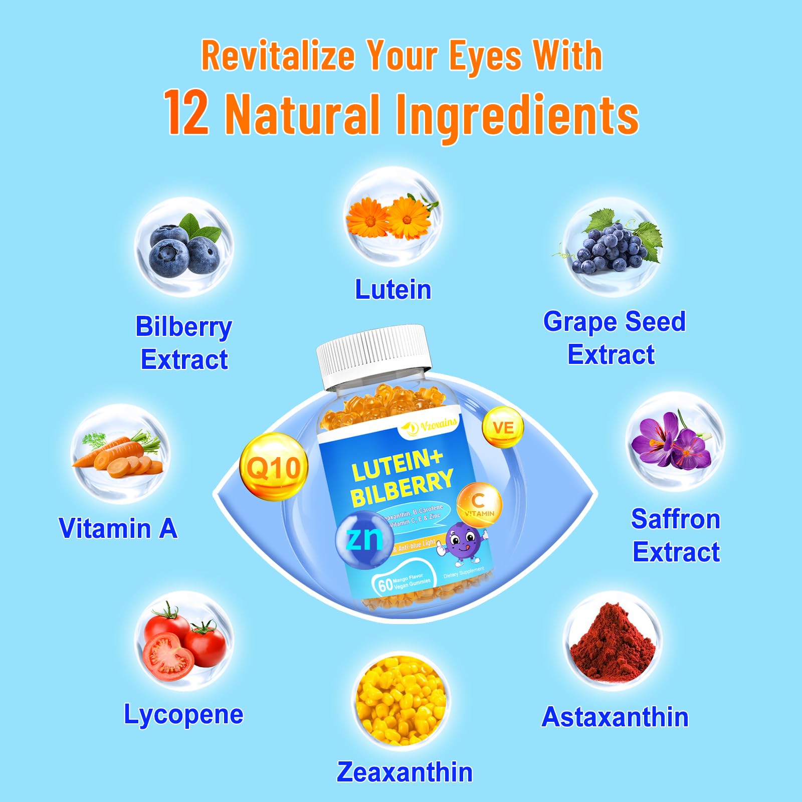 VZOXAINS Lutein Gummies showing mango flavour gummies