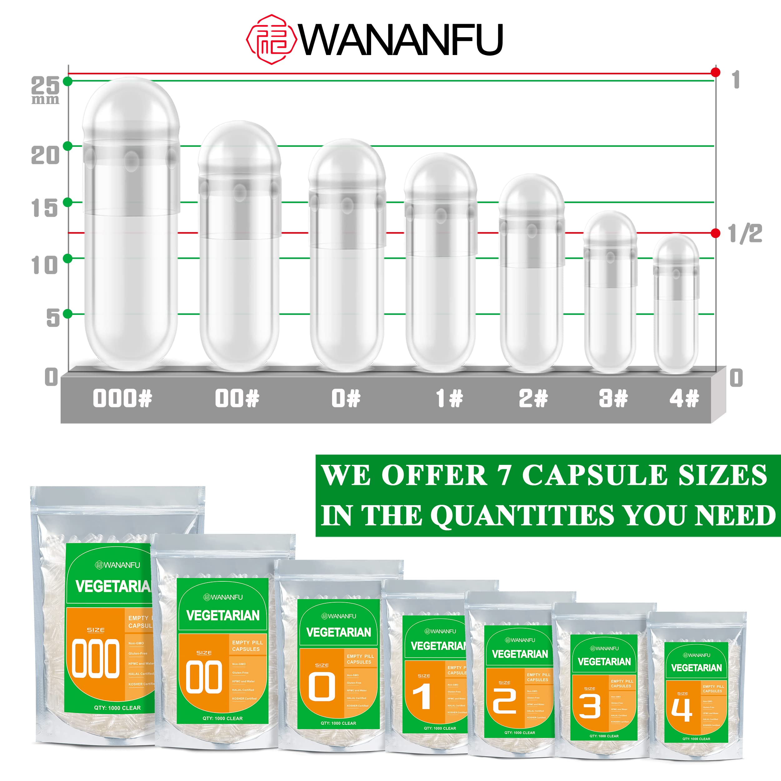 wananfu Size 000 Vegan Capsules stacked