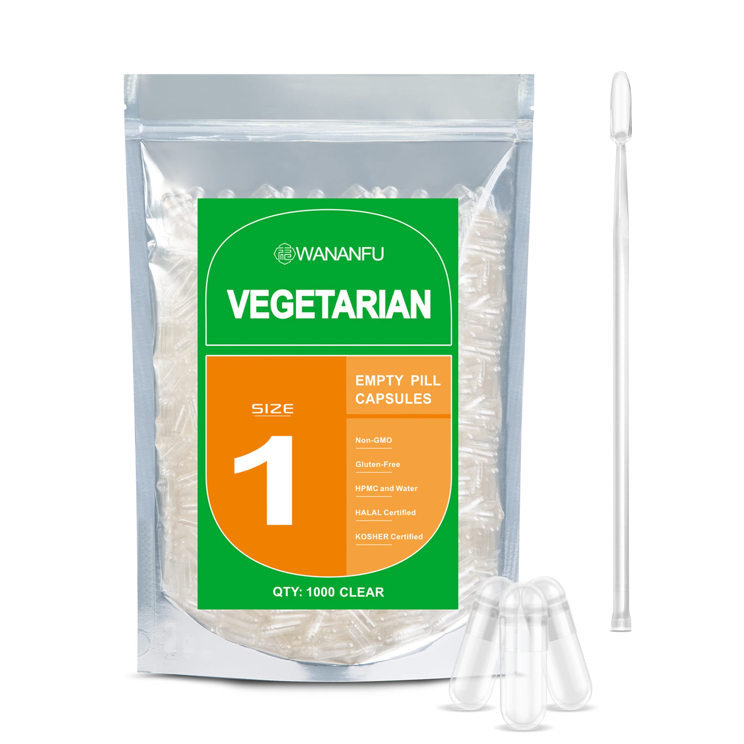 wananfu Size 1 Vegan Empty Capsules front view with packaging