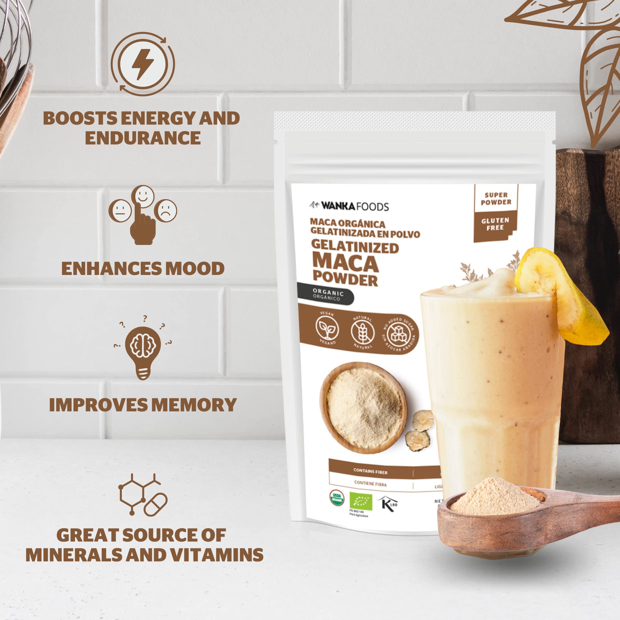 WANKA FOODS Organic Maca Powder scoop with powder