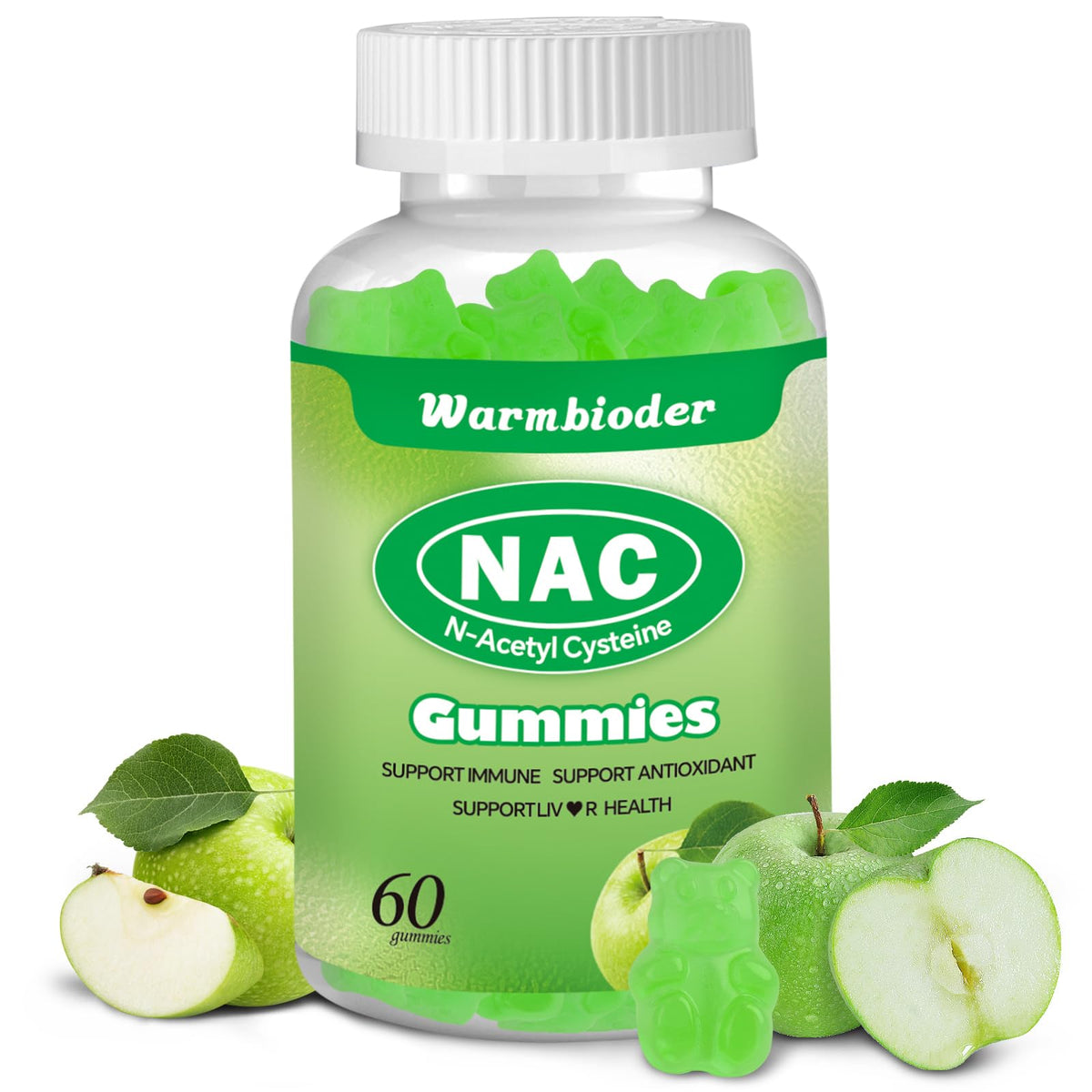 Warmbioder NAC Gummies front view with green apple flavour