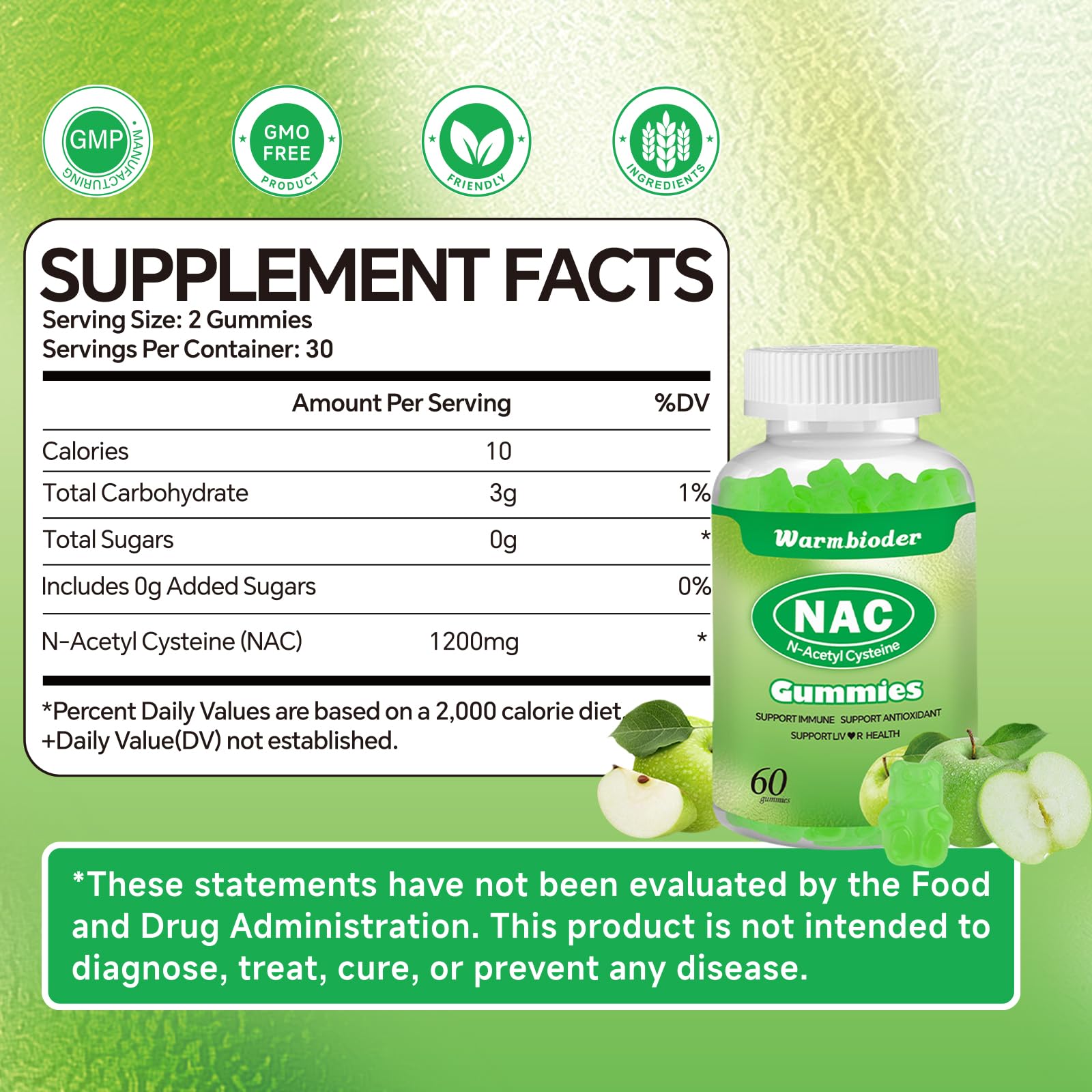 Warmbioder NAC Gummies with real green apple extract