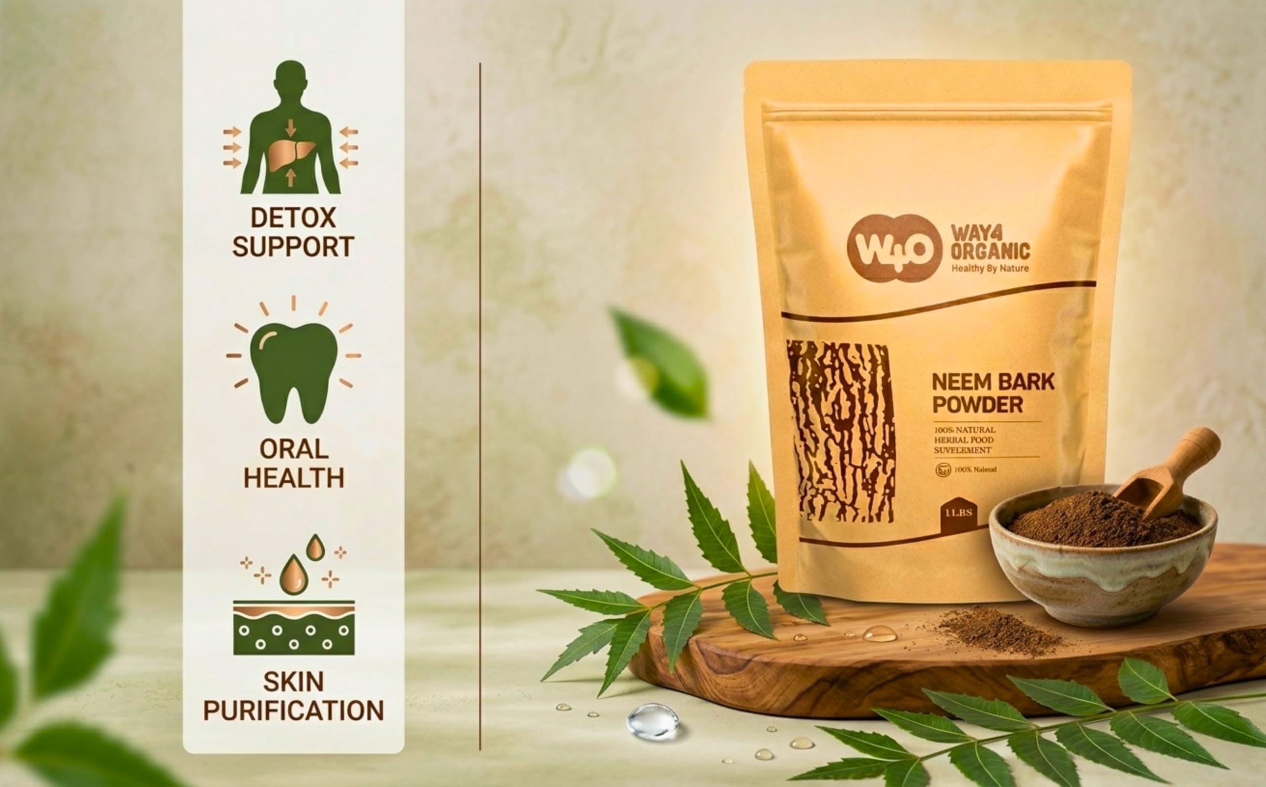 WAY 4 ORGANIC W4O Neem Bark Powder in a glass of water