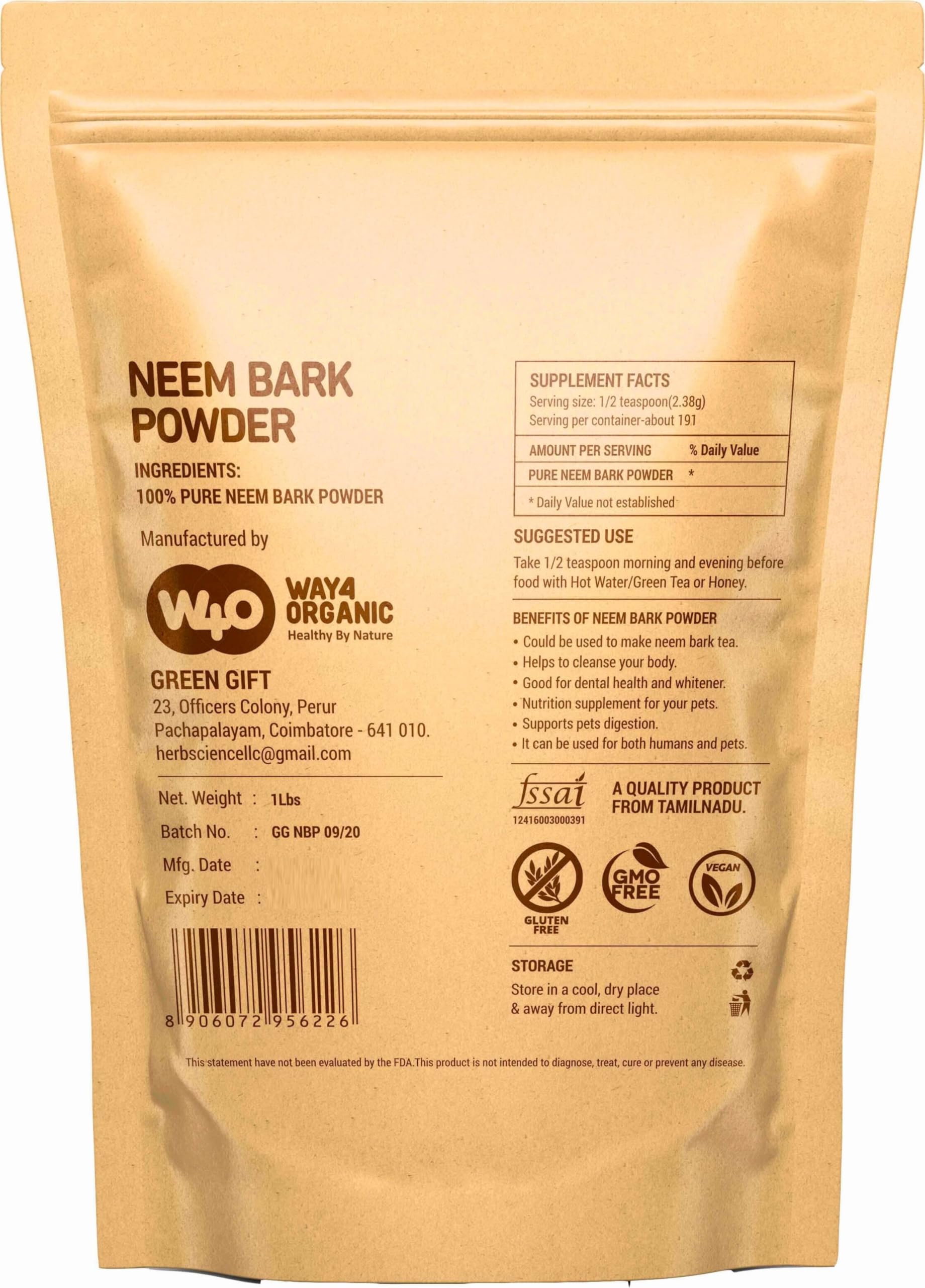 WAY 4 ORGANIC W4O Neem Bark Powder packaging side view