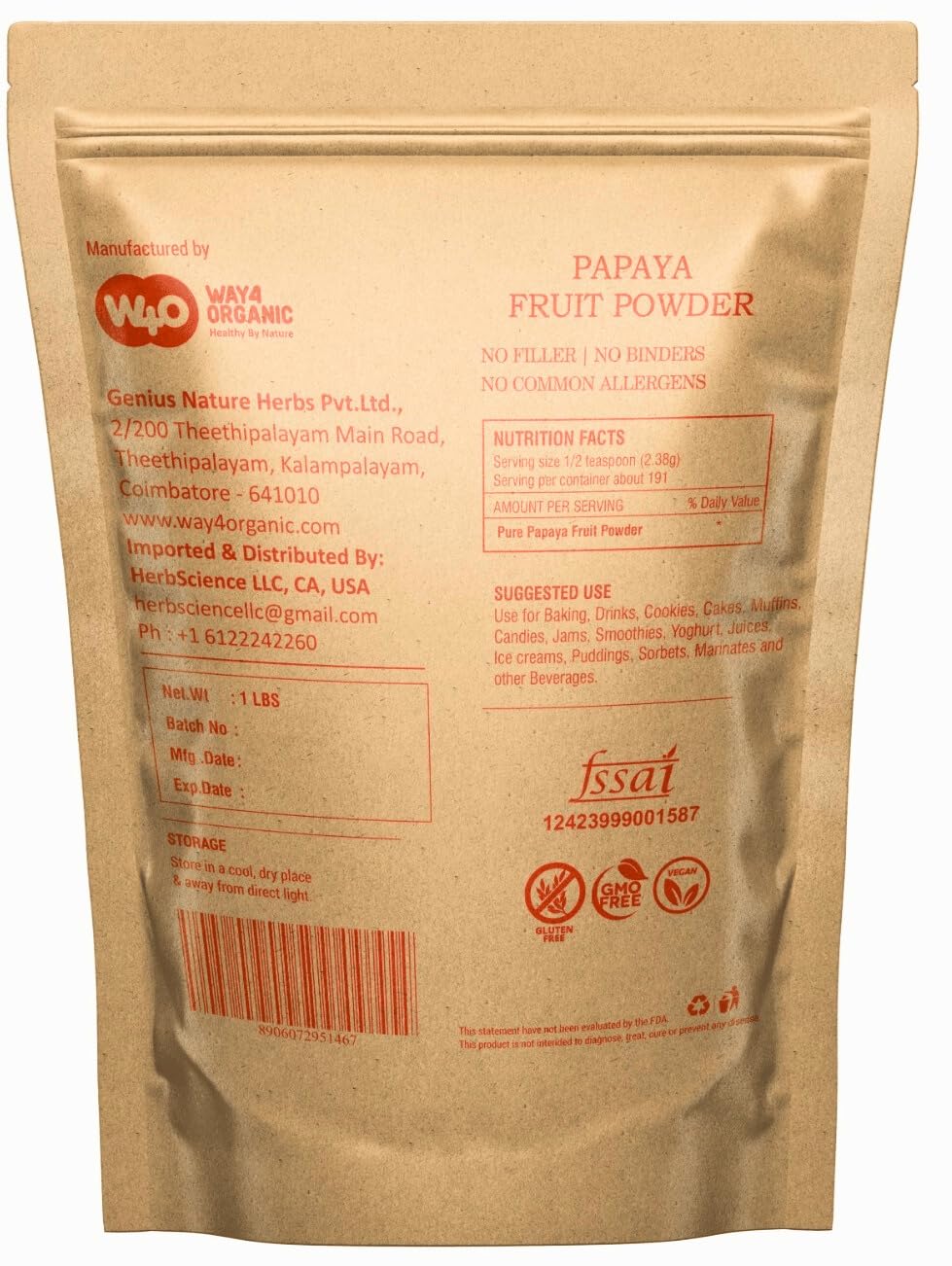 WAY 4 ORGANIC W4O Papaya Whole Fruit Powder packaging