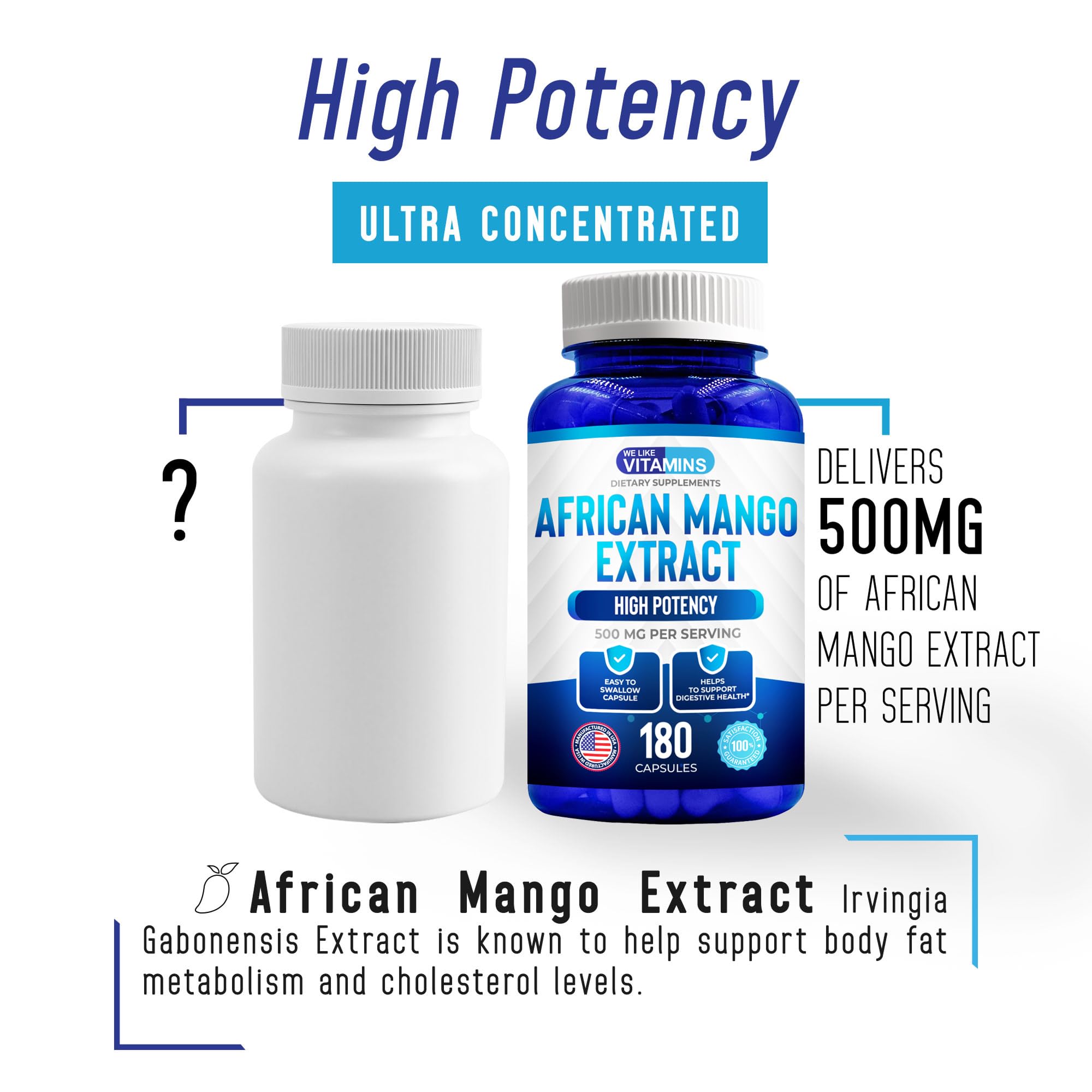 We Like Vitamins African Mango Extract 500mg capsules close-up