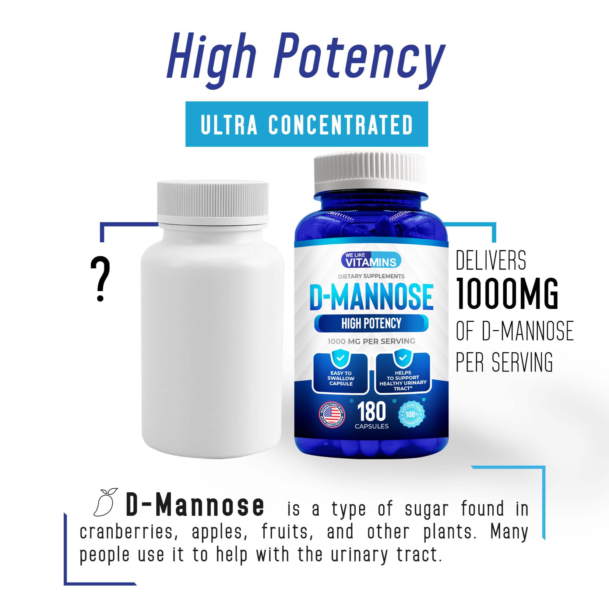 We Like Vitamins D-Mannose 1000mg capsules on a wooden table