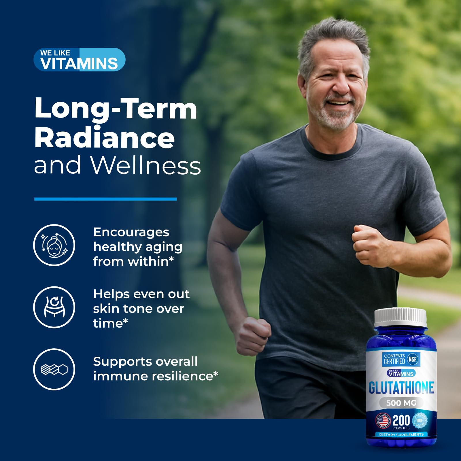 We Like Vitamins Extra Strength Glutathione bottle on a table