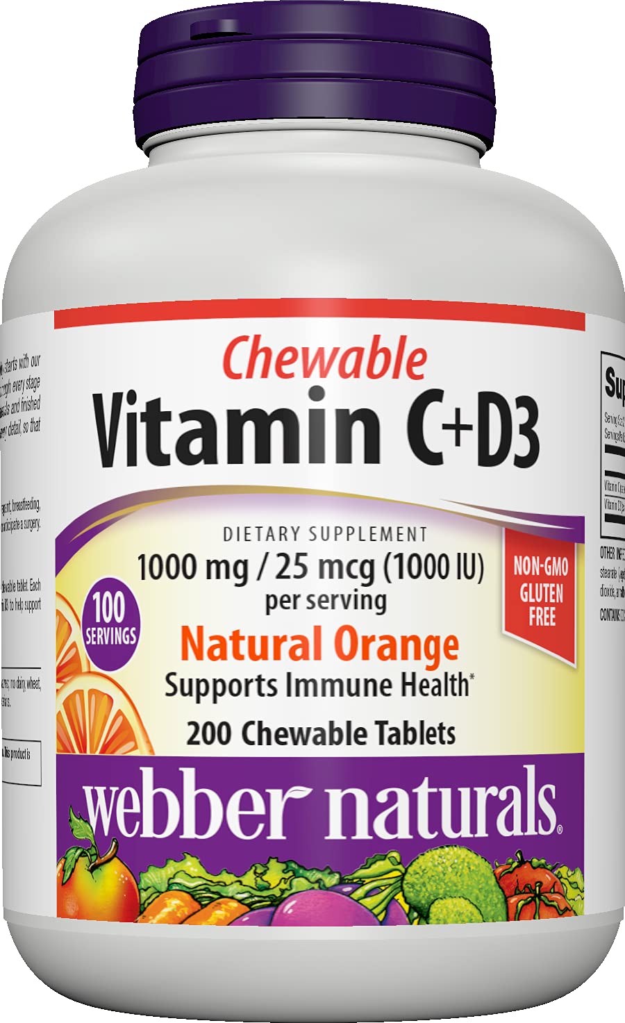 Webber Naturals Chewable Vitamin C + D3 1000mg 25mcg front view