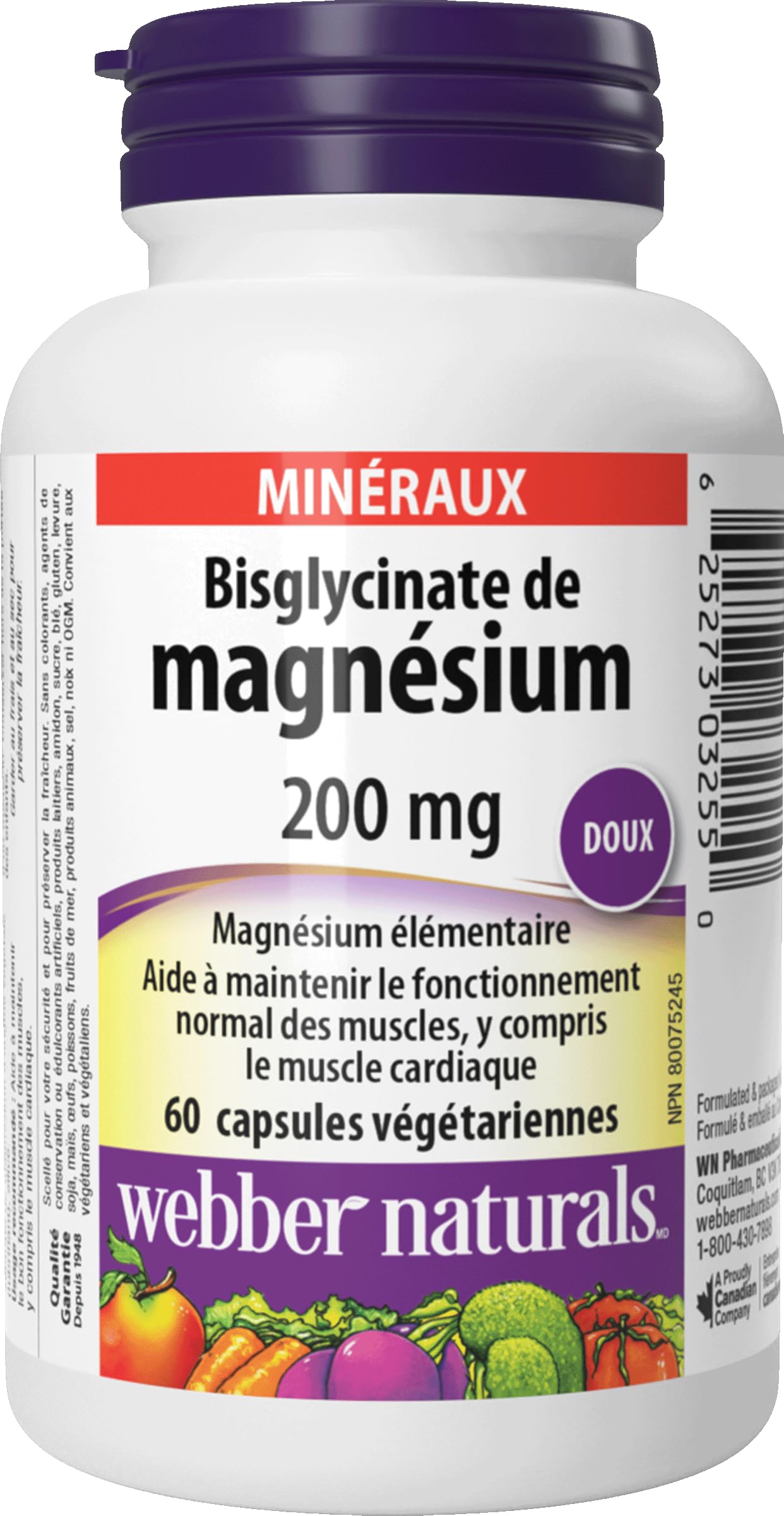 Webber Naturals Magnesium Bisglycinate 200mg capsule bottle side view