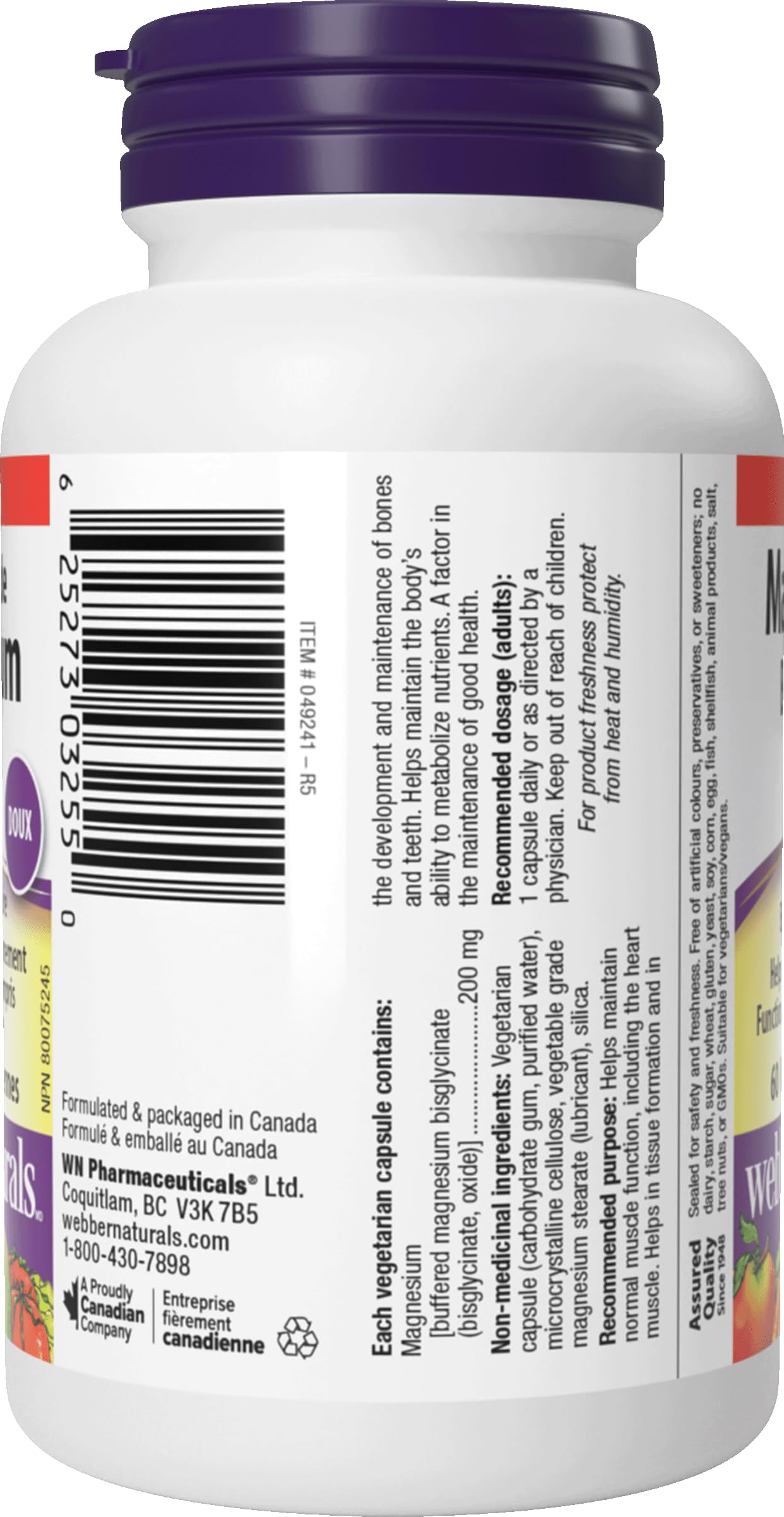 Webber Naturals Magnesium Bisglycinate 200mg capsule bottle with a glass of water