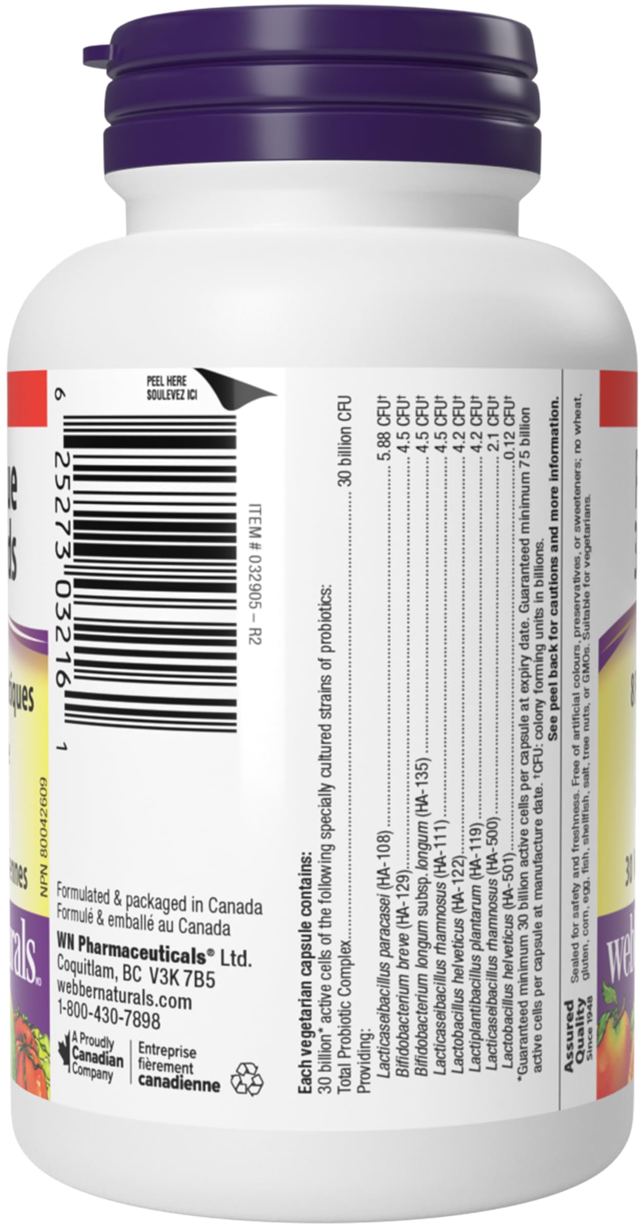 Webber Naturals Probiotic 30 Billion capsules opened bottle view
