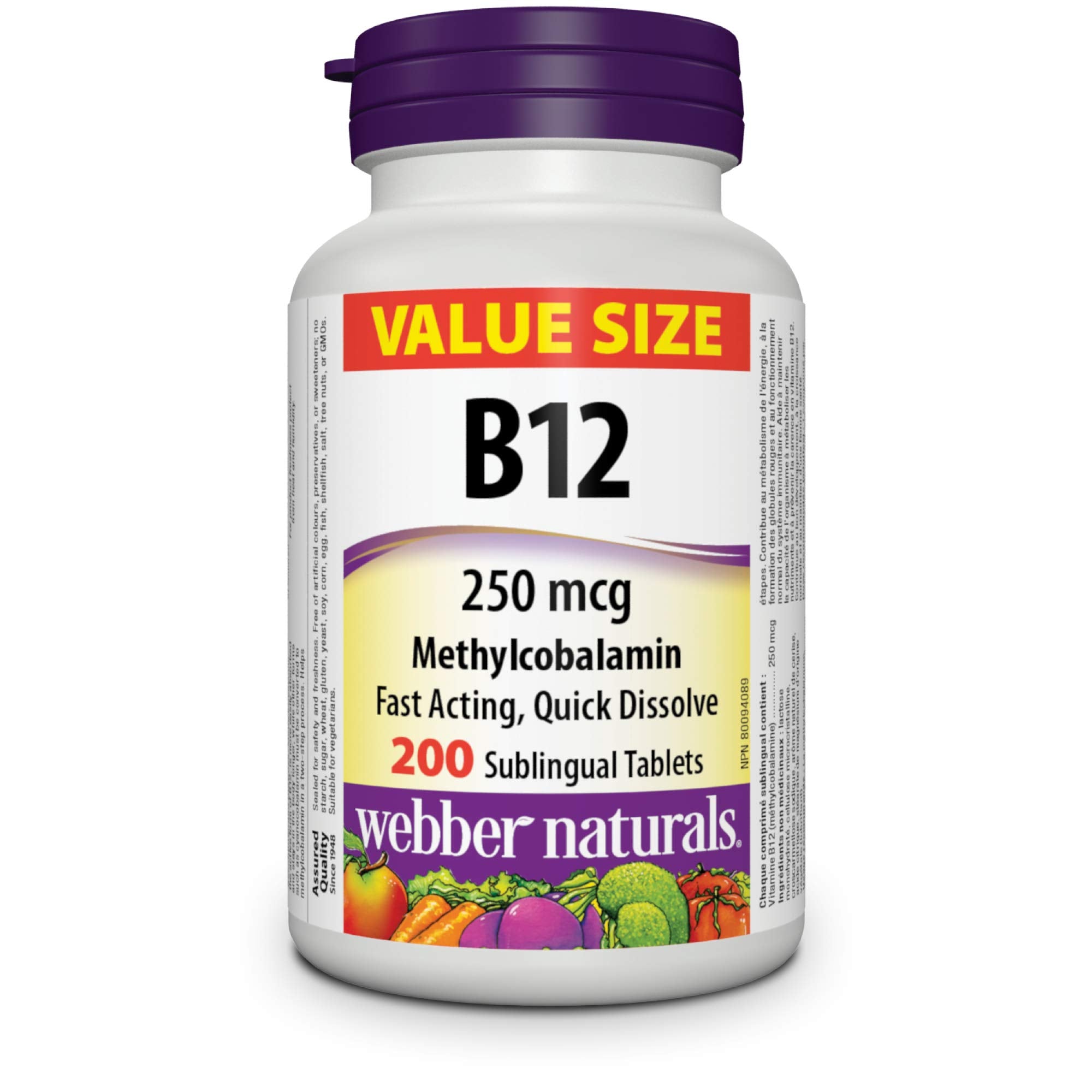 Webber Naturals Vitamin B12 250 mcg sublingual tablets front view