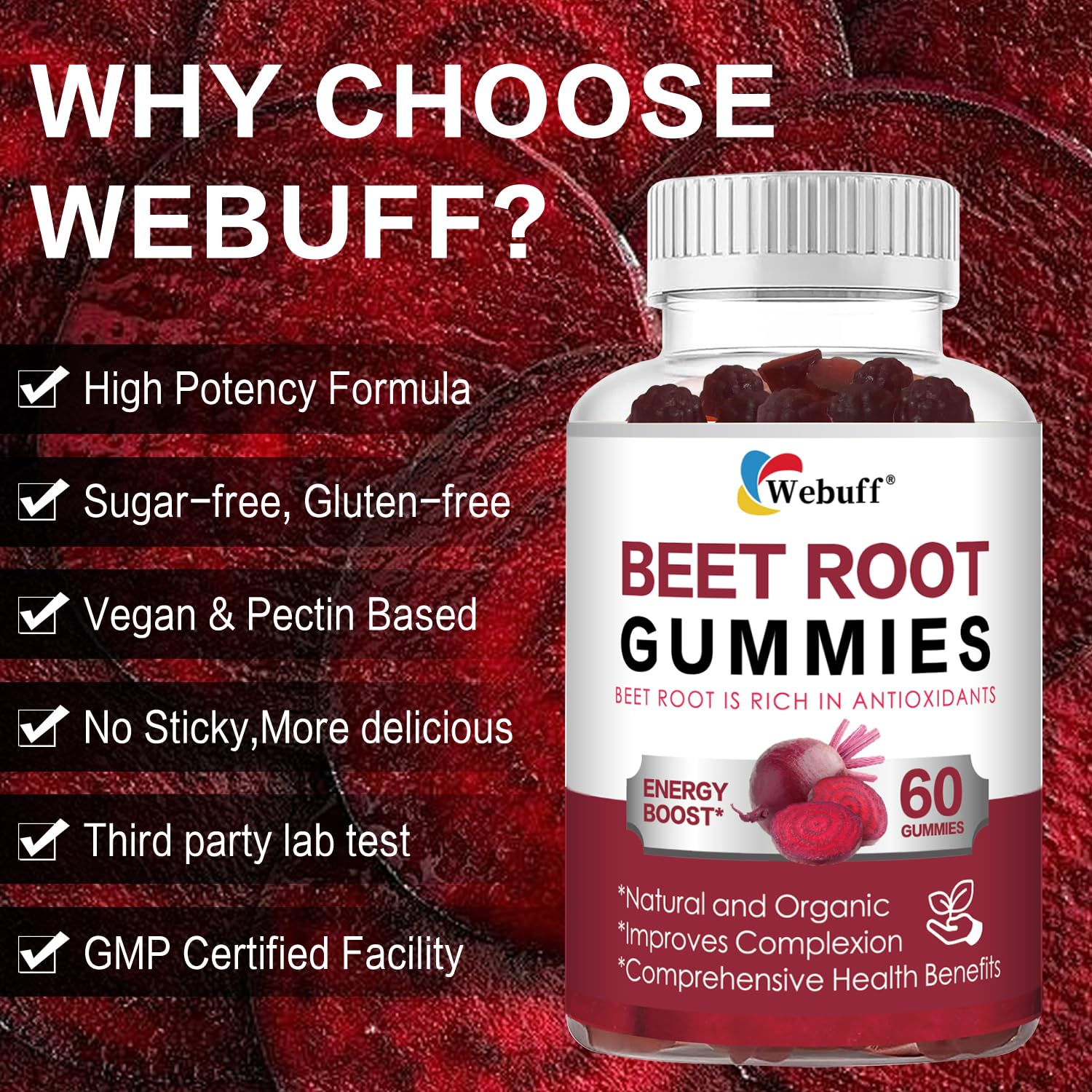 Webuff Beet Root Gummies with fresh strawberries