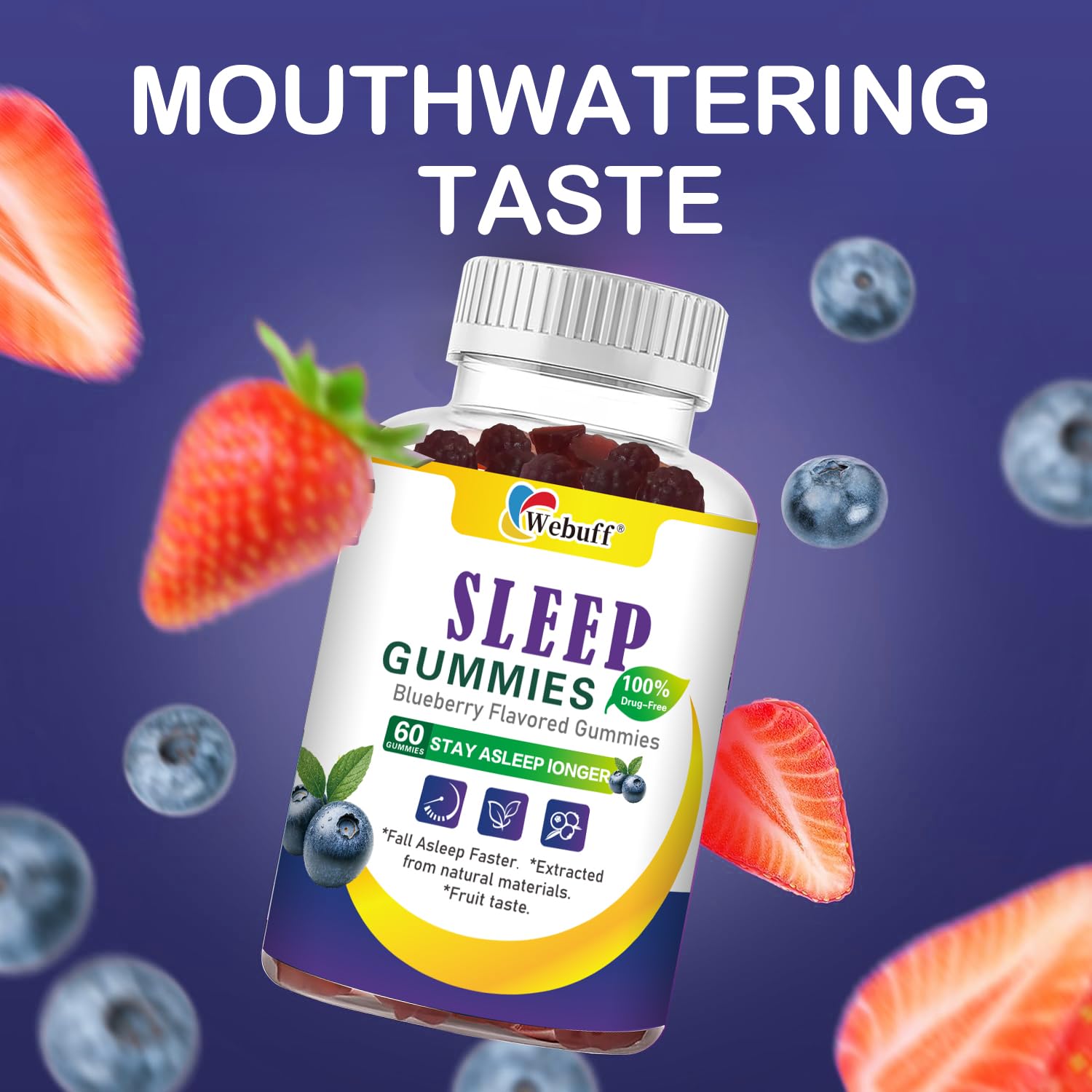 Webuff Melatonin Gummies 60 Count on a wooden table