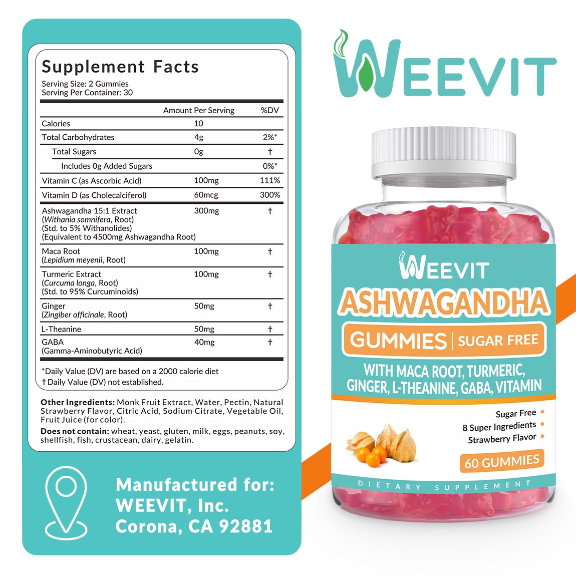 WEEVIT Ashwagandha Gummies packaging with natural strawberry flavour