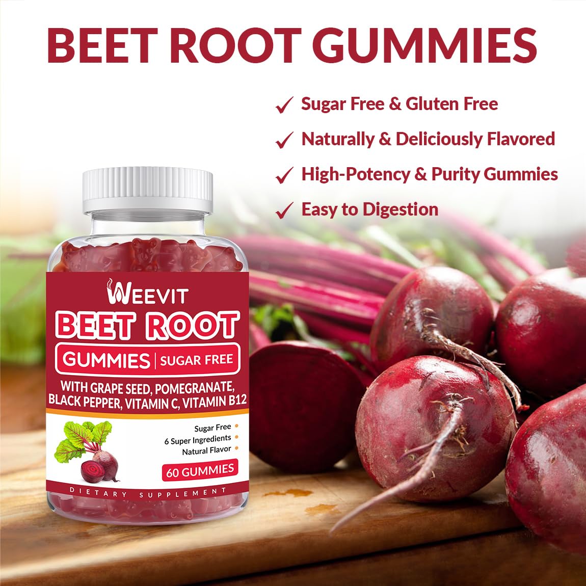 WEEVIT Beet Root Gummies in a bowl showcasing the gummies
