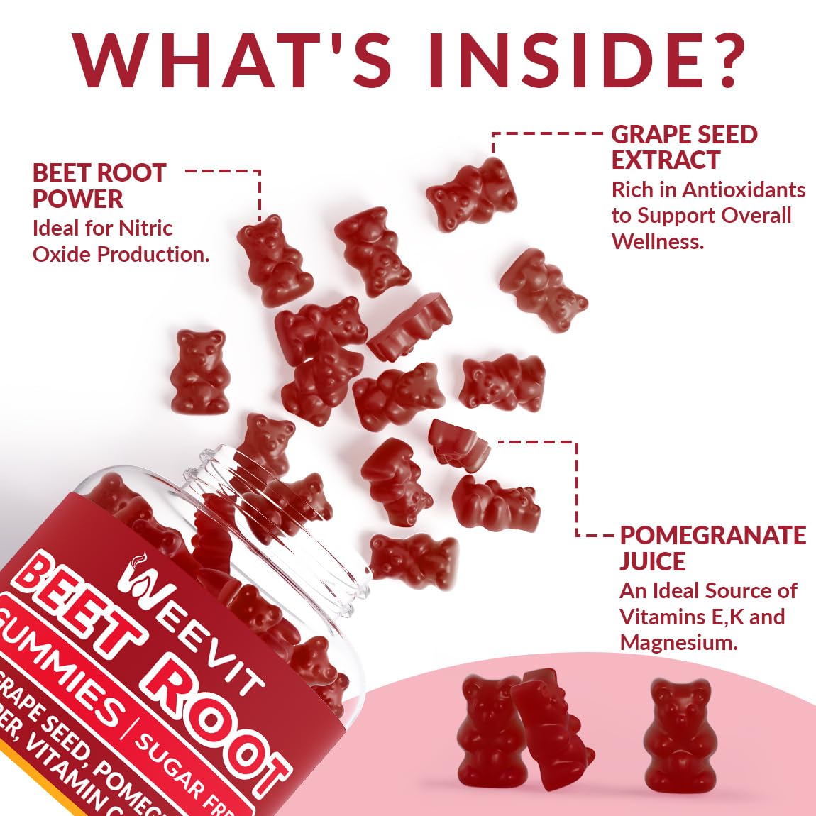 WEEVIT Beet Root Gummies with a natural pomegranate background