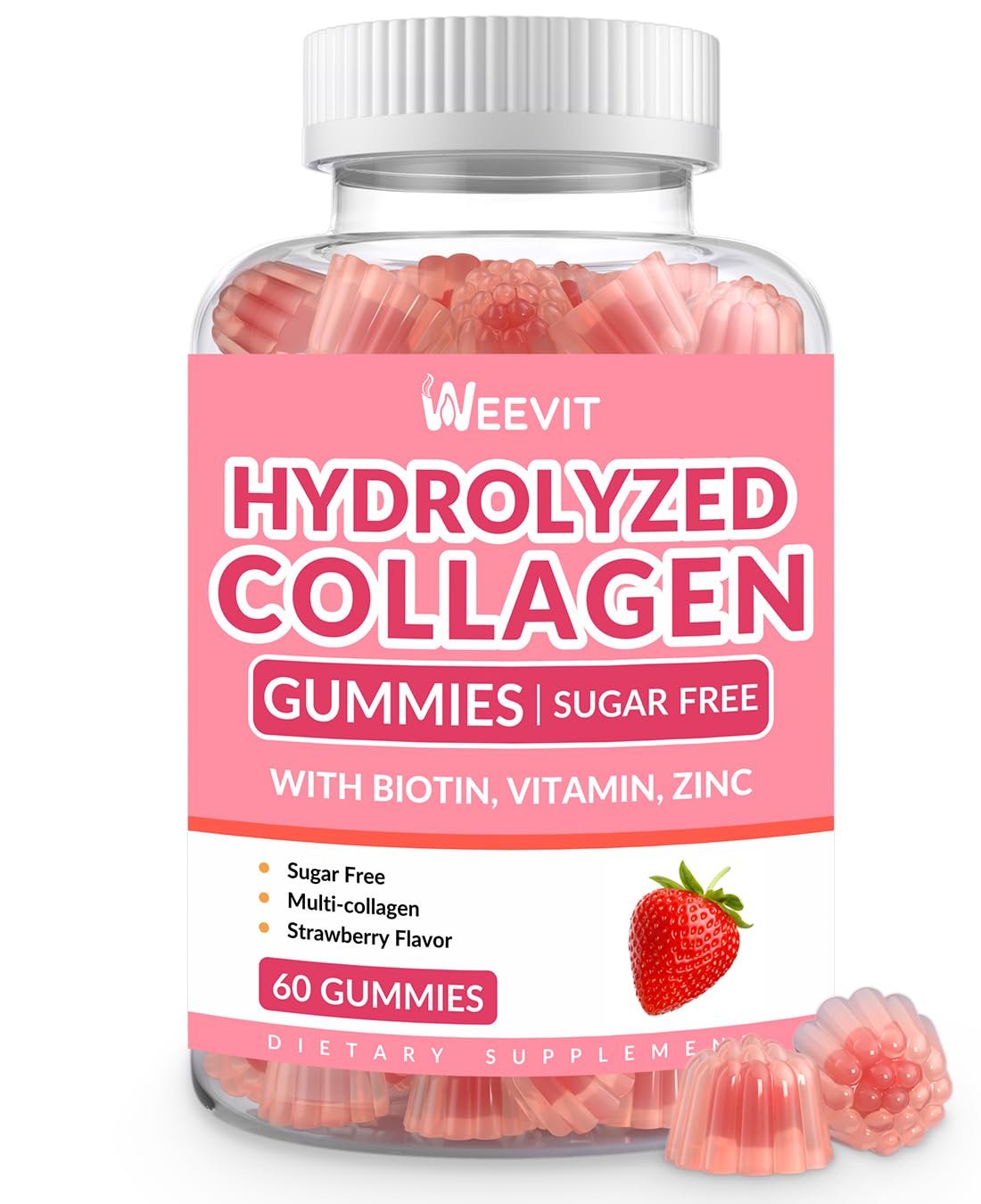 WEEVIT Collagen Gummies bottle front view with 60 strawberry gummies