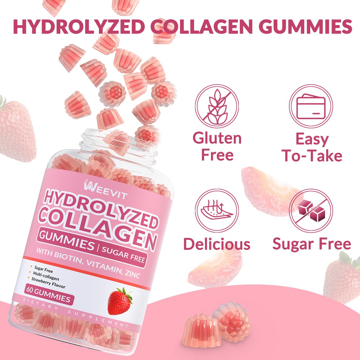 WEEVIT Collagen Gummies with fresh fruits background