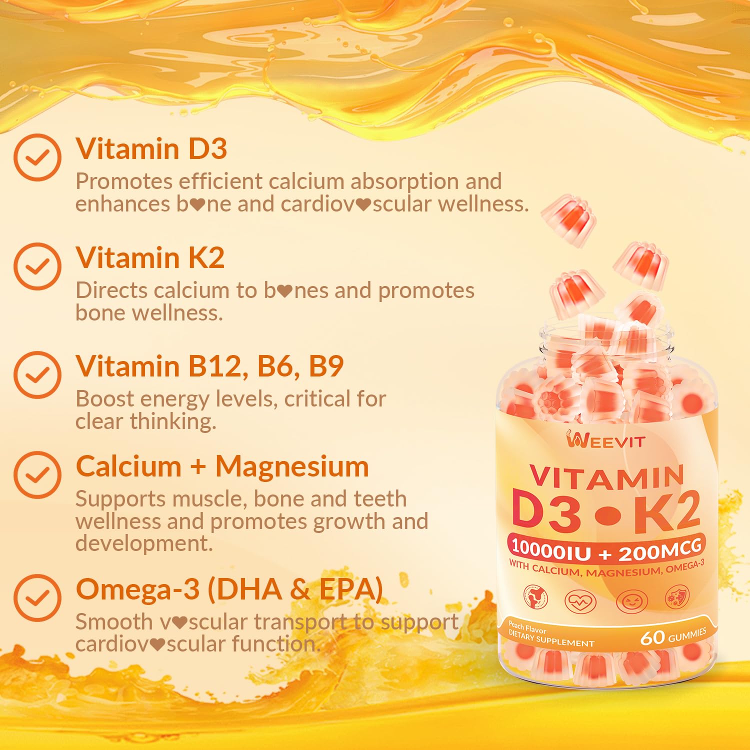 WEEVIT Vitamin D3 K2 Gummies with a hand holding a gummy