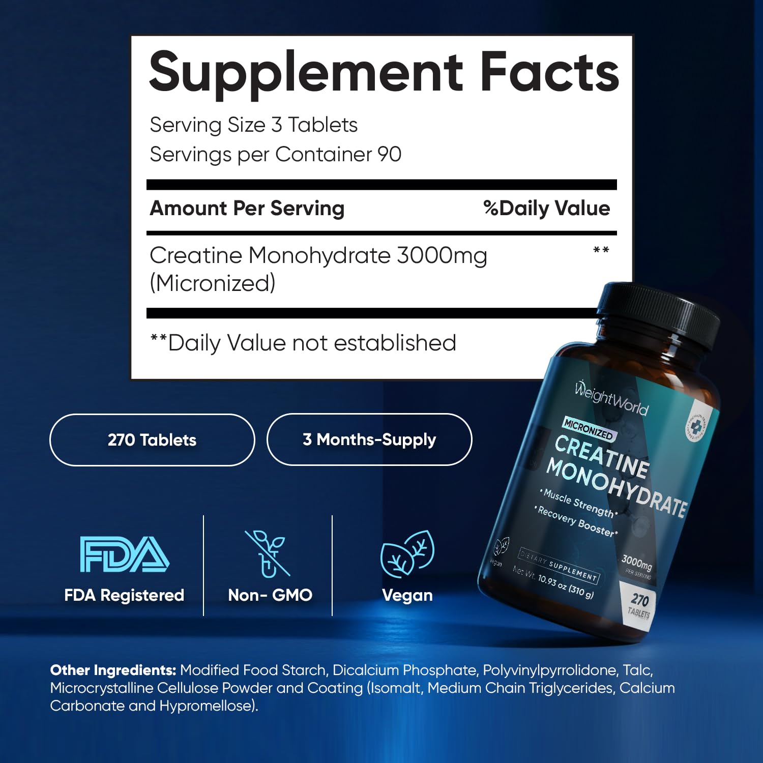 WeightWorld Creatine Monohydrate Tablets 1000mg back view