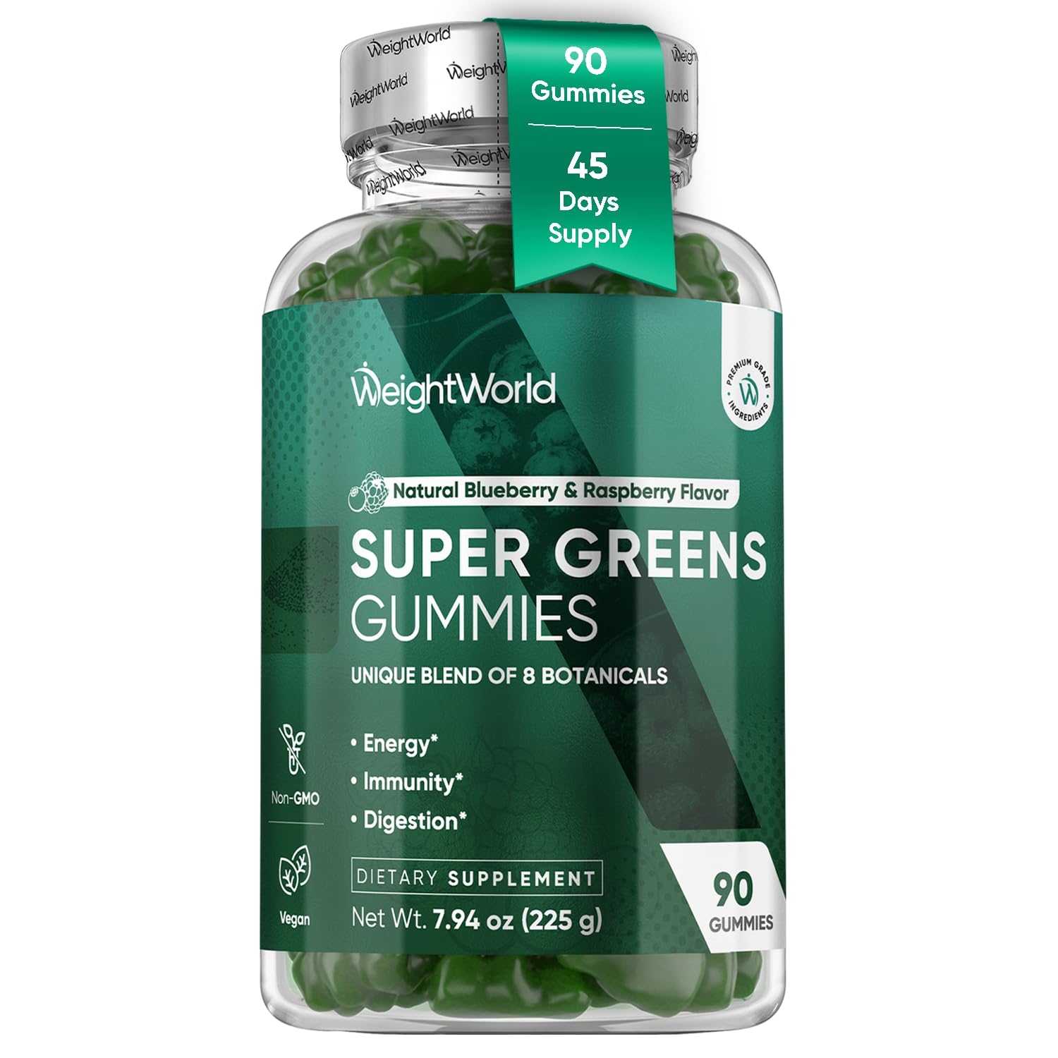WeightWorld Super Greens Gummies front view with packaging