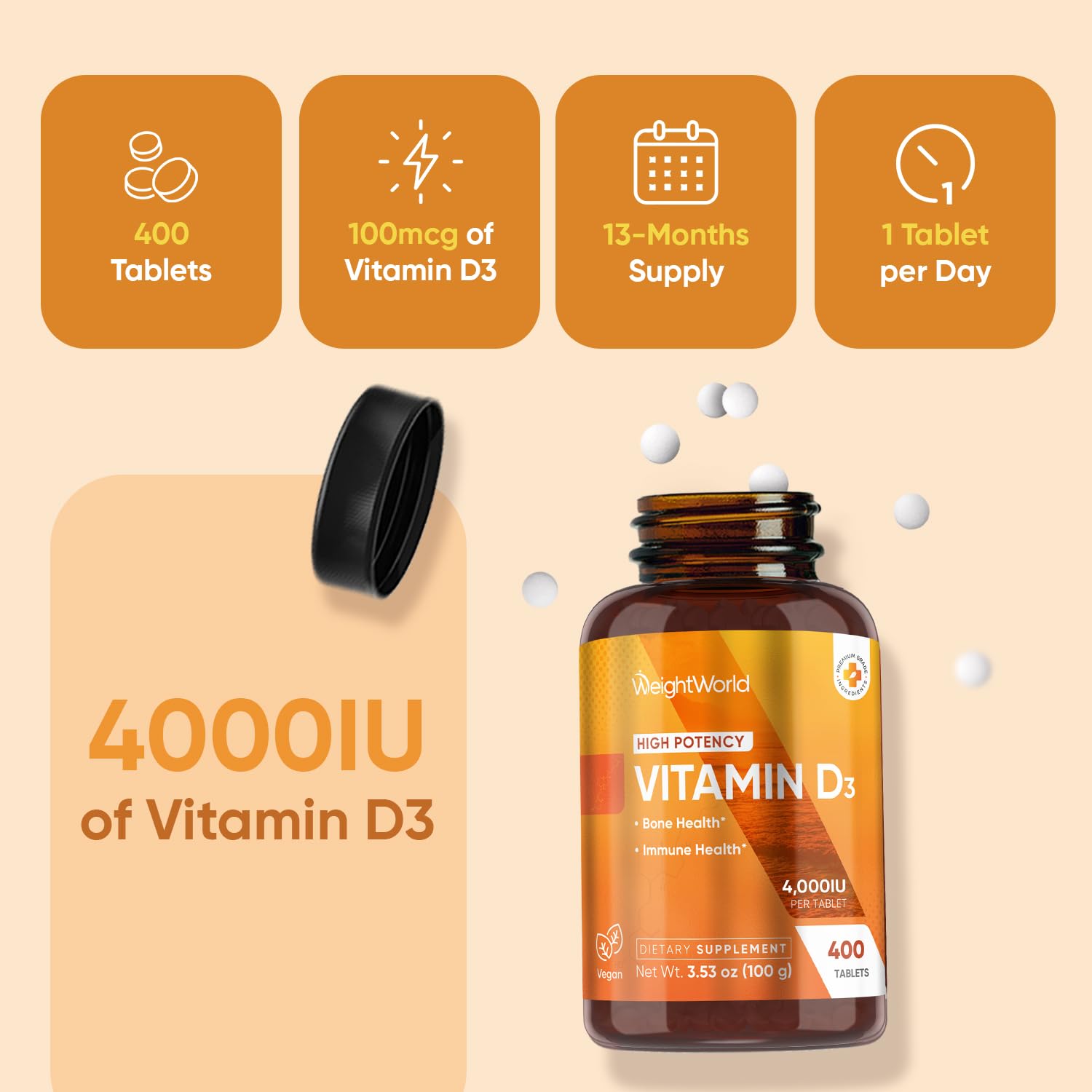 WeightWorld Vitamin D3 4000 IU Vegan Tablets on a wooden table