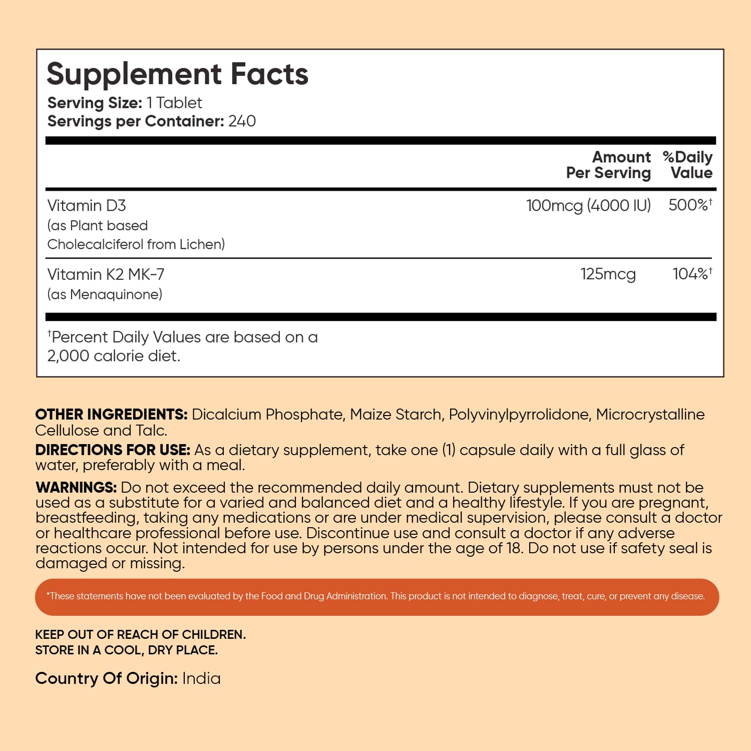 WeightWorld Vitamin D3 K2 Tablets back view with ingredients