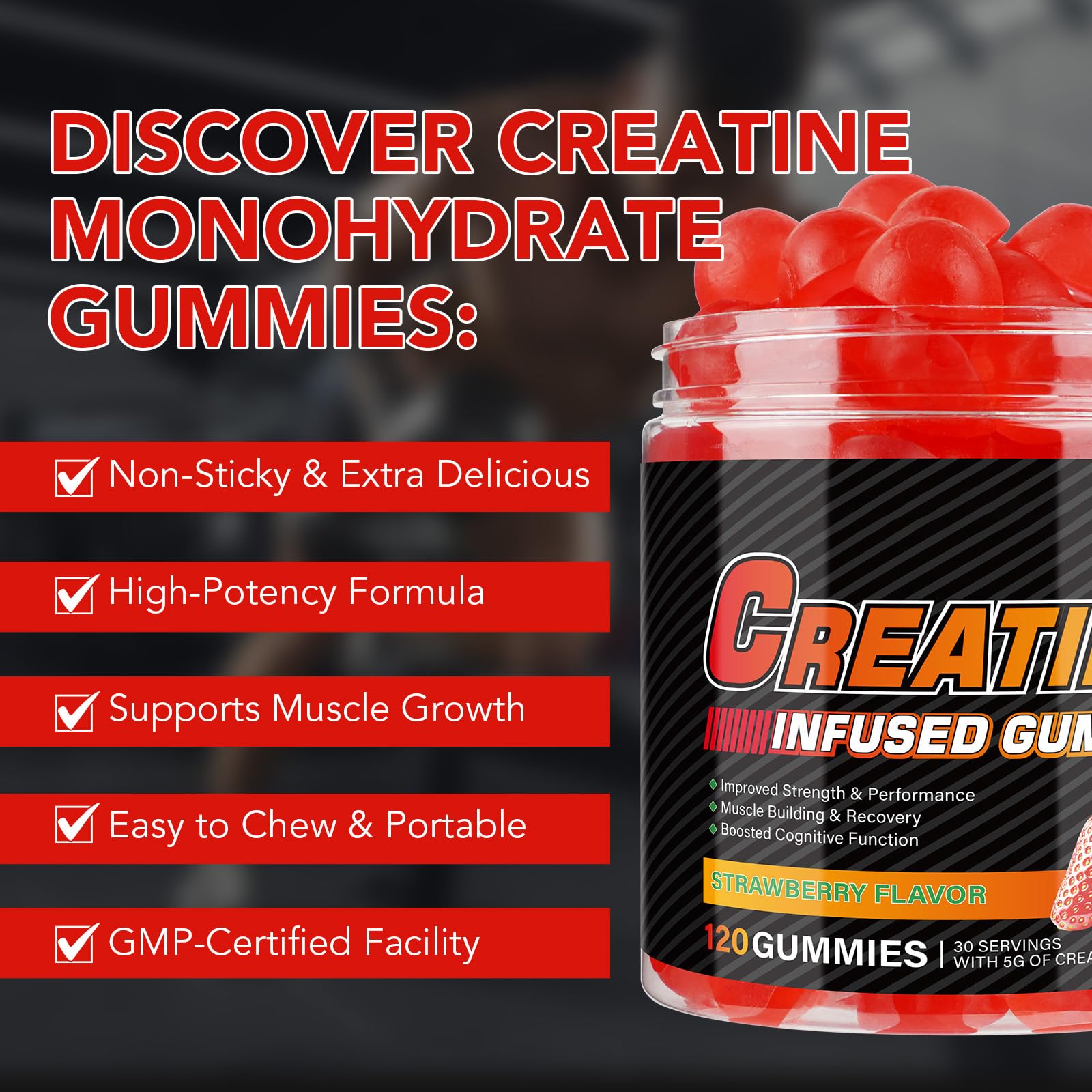 WeiWeiLa Creatine Monohydrate Gummies displayed with four gummies