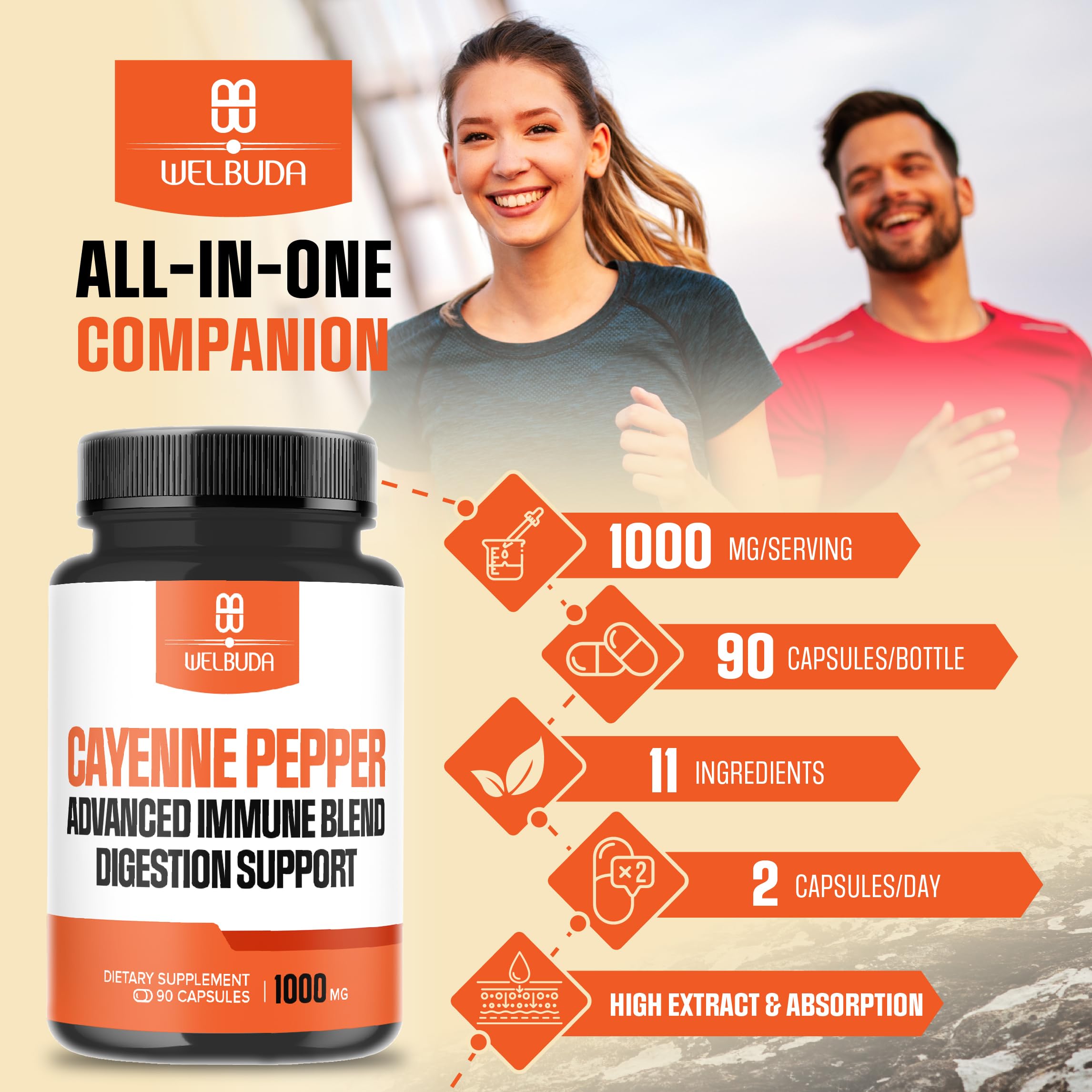 WELBUDA Cayenne Pepper Supplement 1000mg bottle with measuring spoon