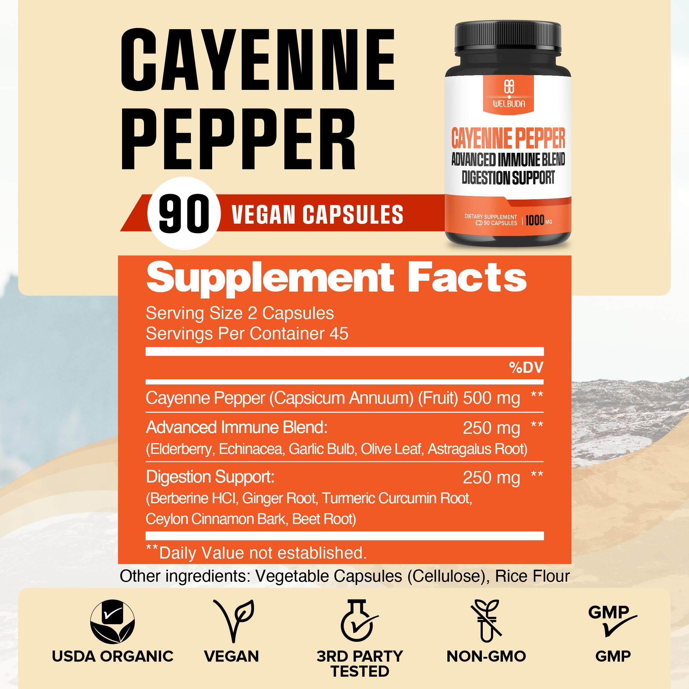 WELBUDA Cayenne Pepper Supplement 1000mg capsules close-up