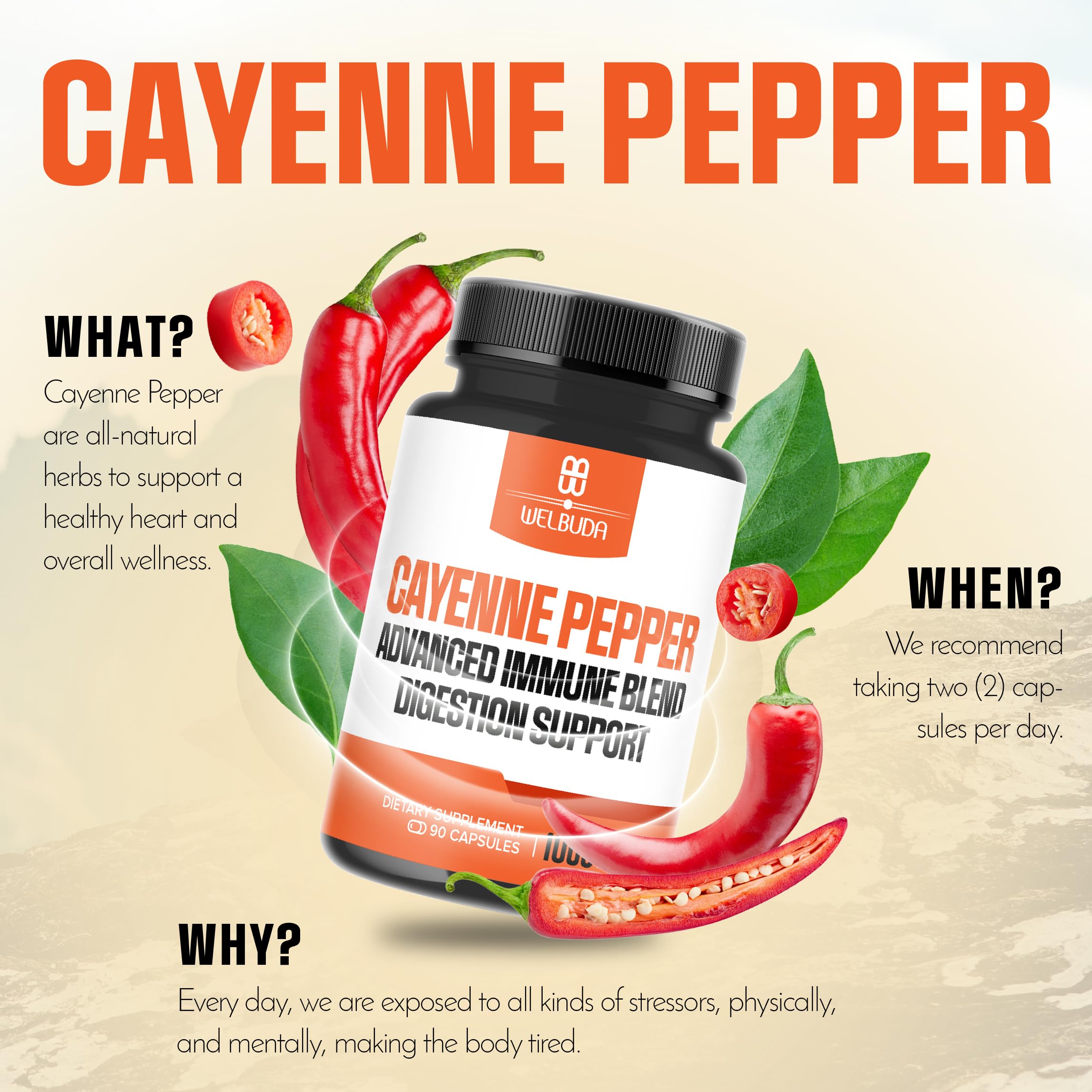 WELBUDA Cayenne Pepper Supplement 1000mg capsules in a bowl