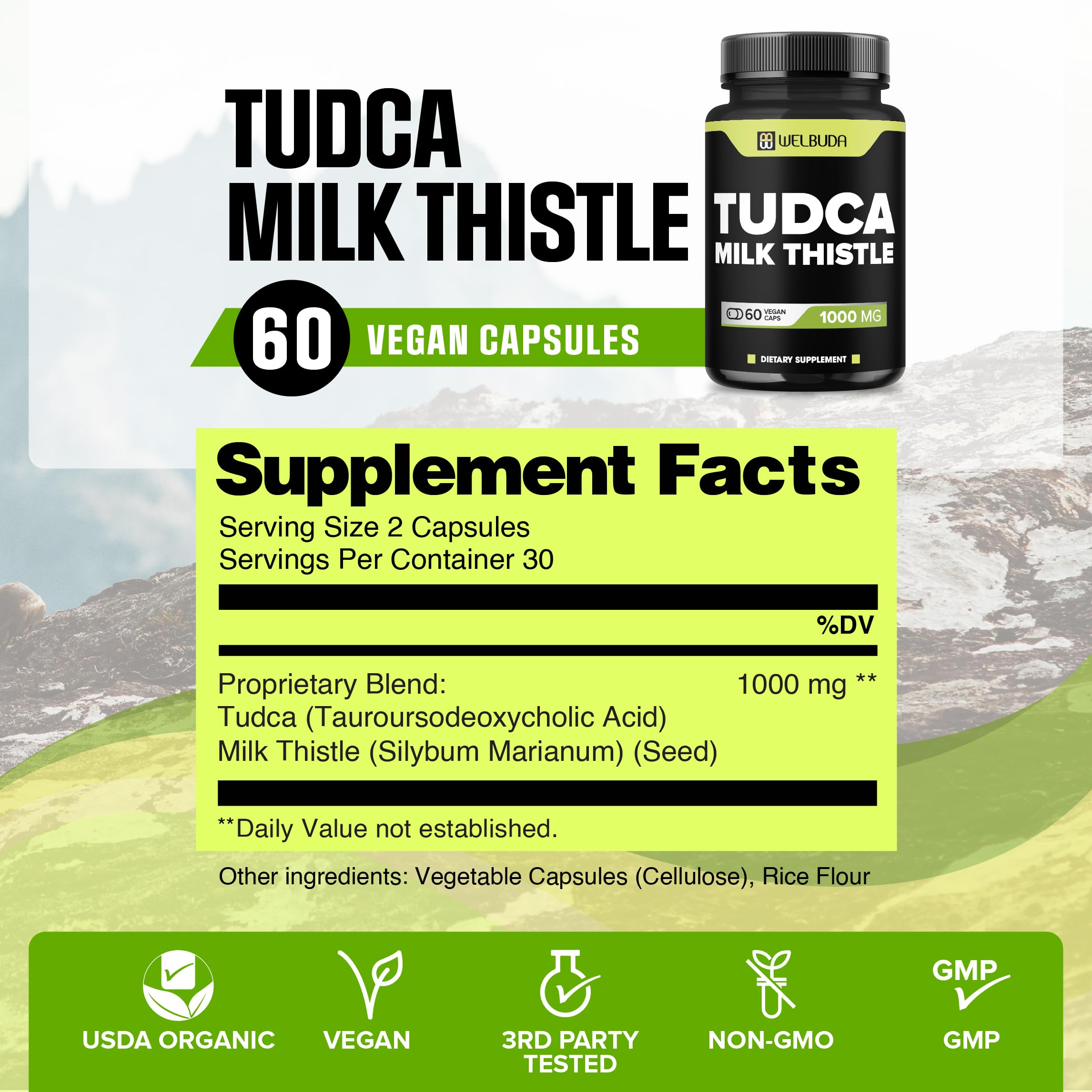 WELBUDA Tudca Complex Milk Thistle Capsules bottle side view