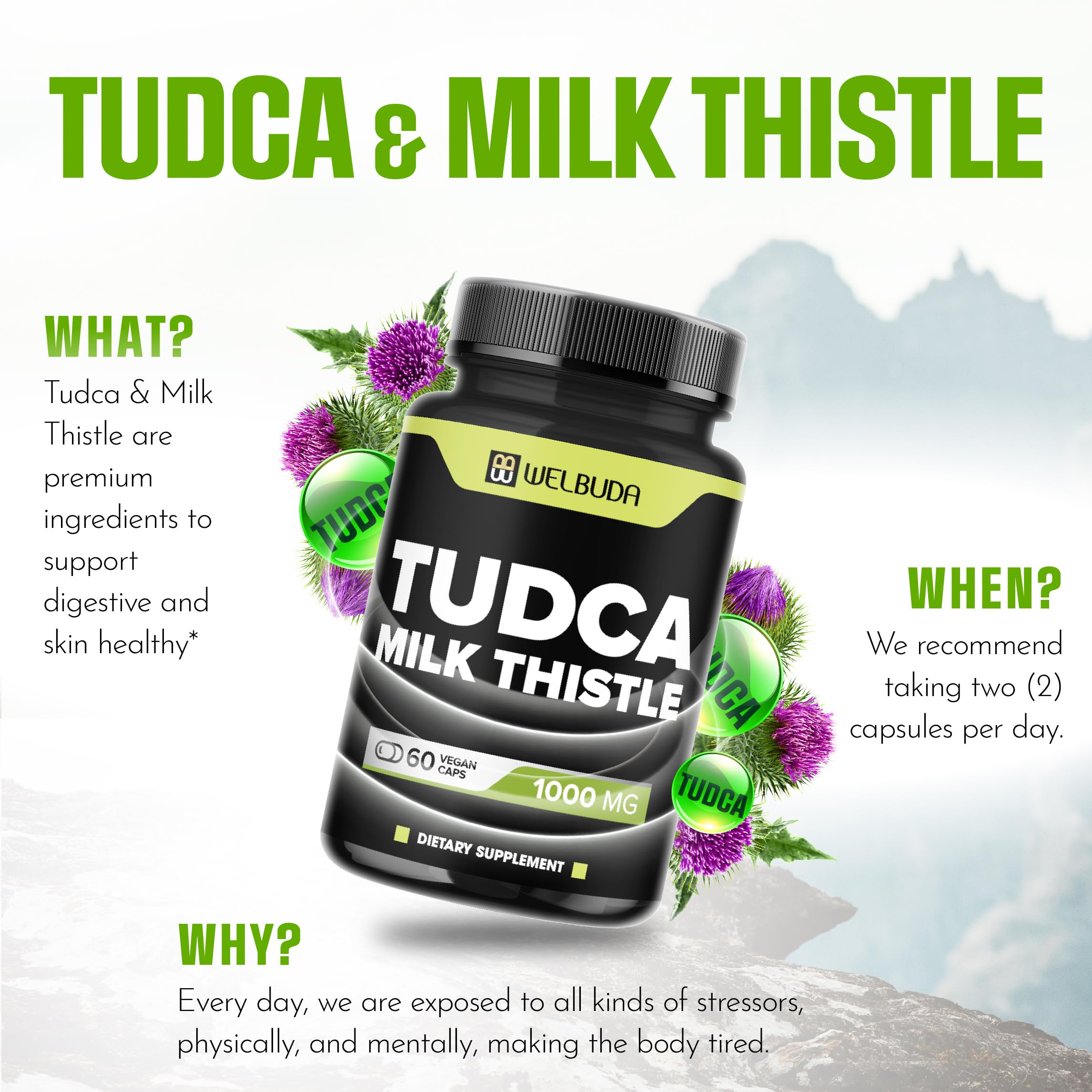 WELBUDA Tudca Complex Milk Thistle Capsules with a glass of water