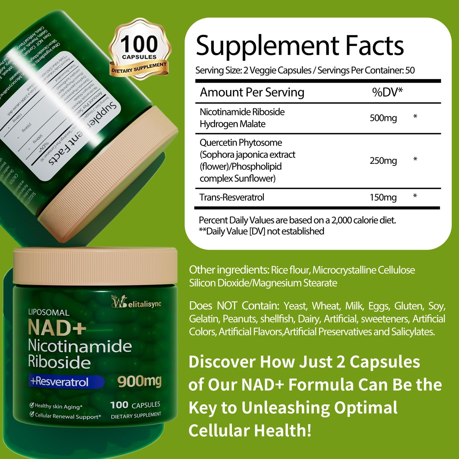 Welitalisync Liposomal NAD+ Supplement 900mg capsules close-up