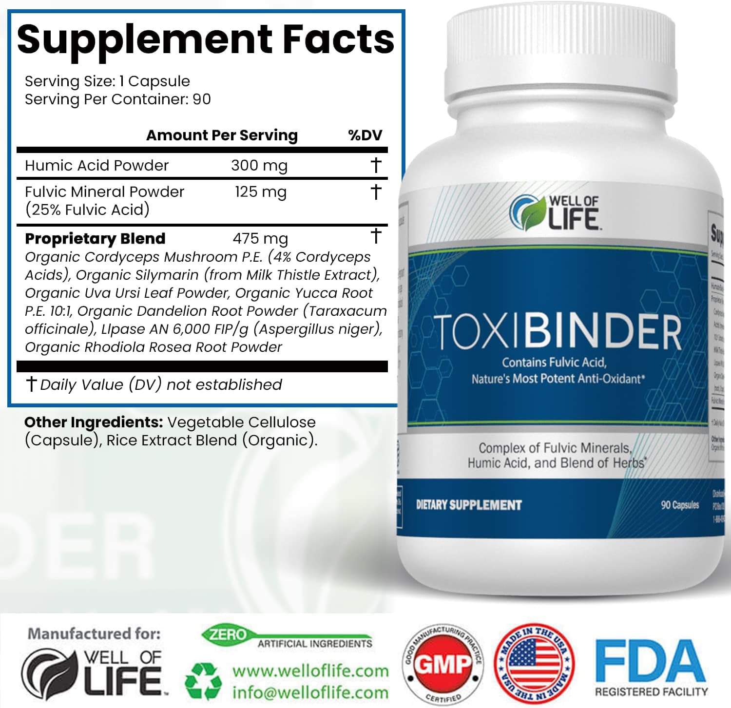 Well of Life Humic and Fulvic Acid Capsules back view with nutritional information