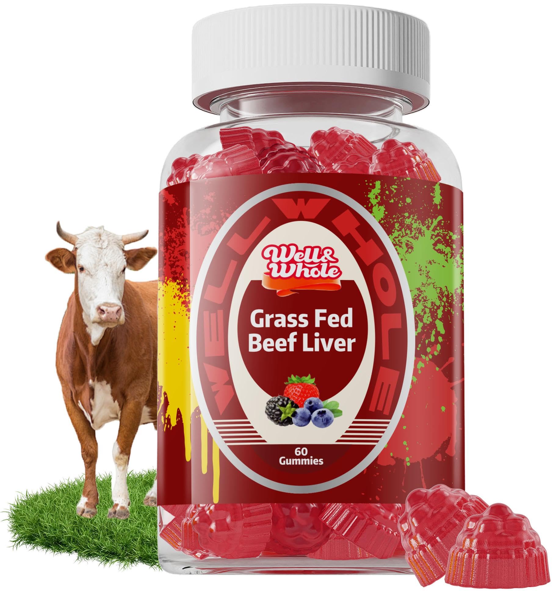 Well&Whole Beef Liver Gummies front view with mixed berry flavour