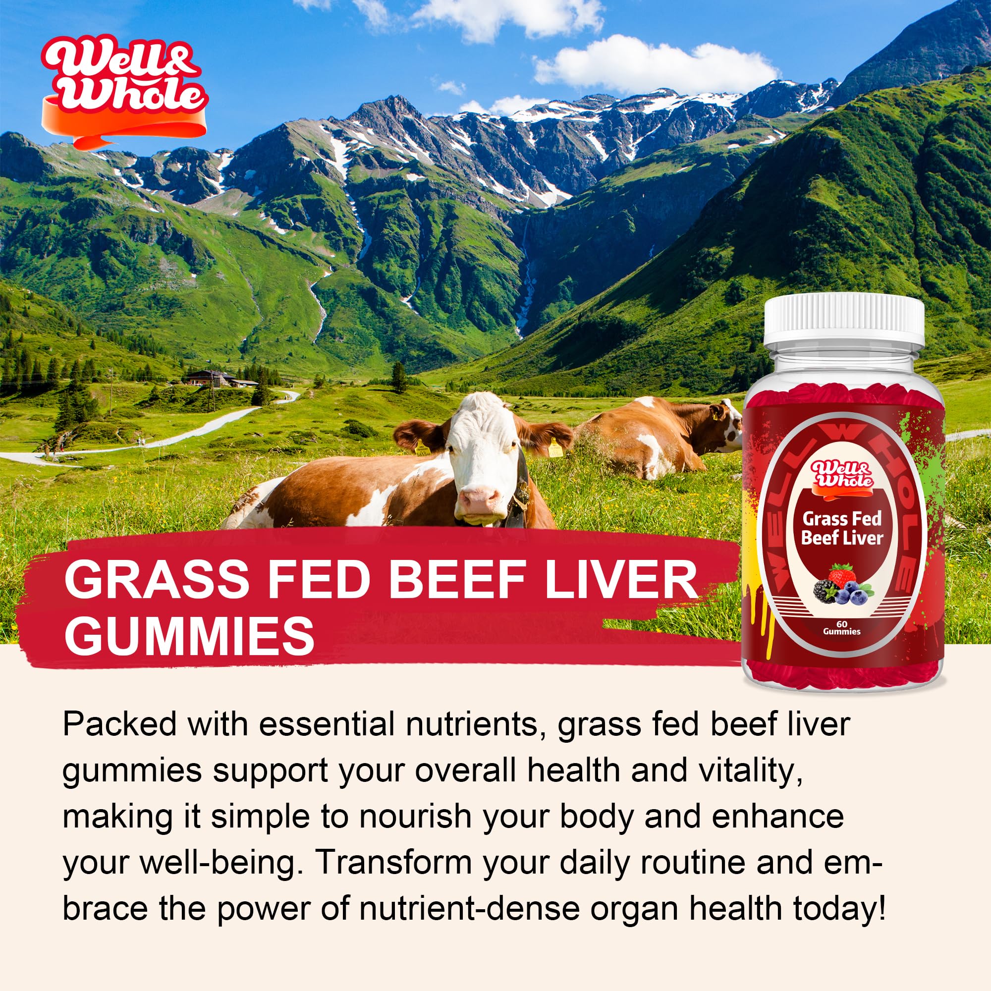 Well&Whole Beef Liver Gummies on a wooden table