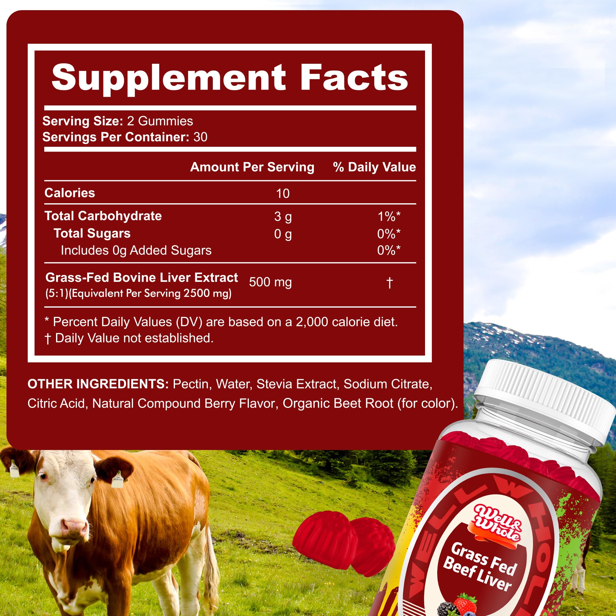 Well&Whole Beef Liver Gummies packaging showing nutritional information
