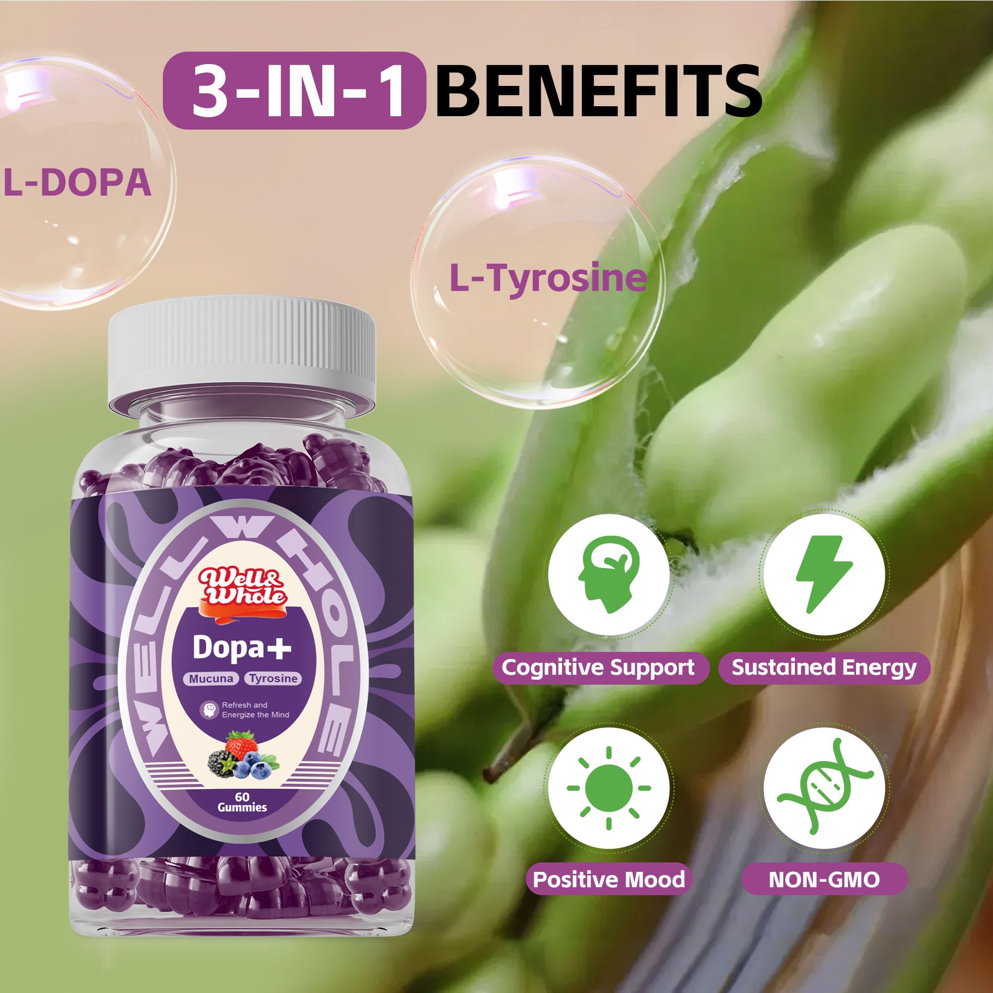 Well&Whole Dopa Mucuna Gummies displayed on a wooden table