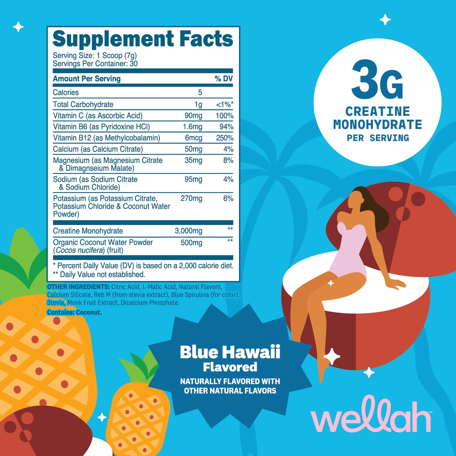 Wellah Creatine + Electrolytes Powder Blue Hawaii back view with nutritional information