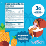 Wellah Creatine + Electrolytes Powder Blue Hawaii back view with nutritional information