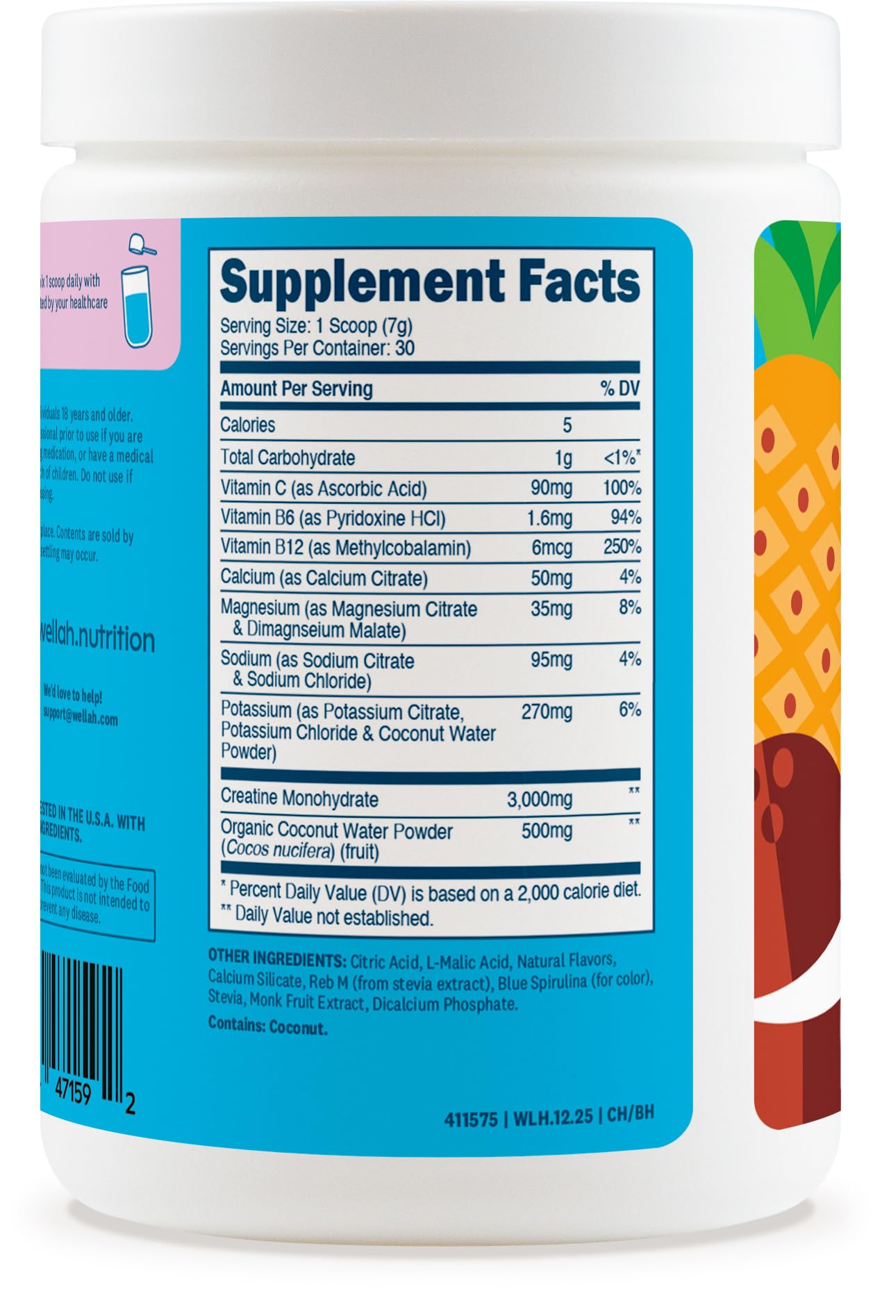 Wellah Creatine + Electrolytes Powder Blue Hawaii packaging on a kitchen counter