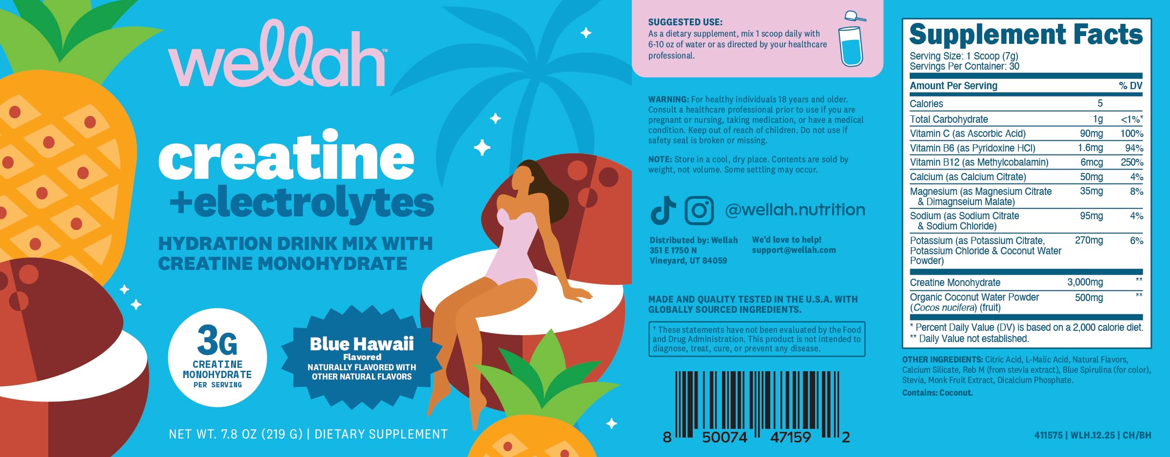 Wellah Creatine + Electrolytes Powder Blue Hawaii scoop next to the bottle