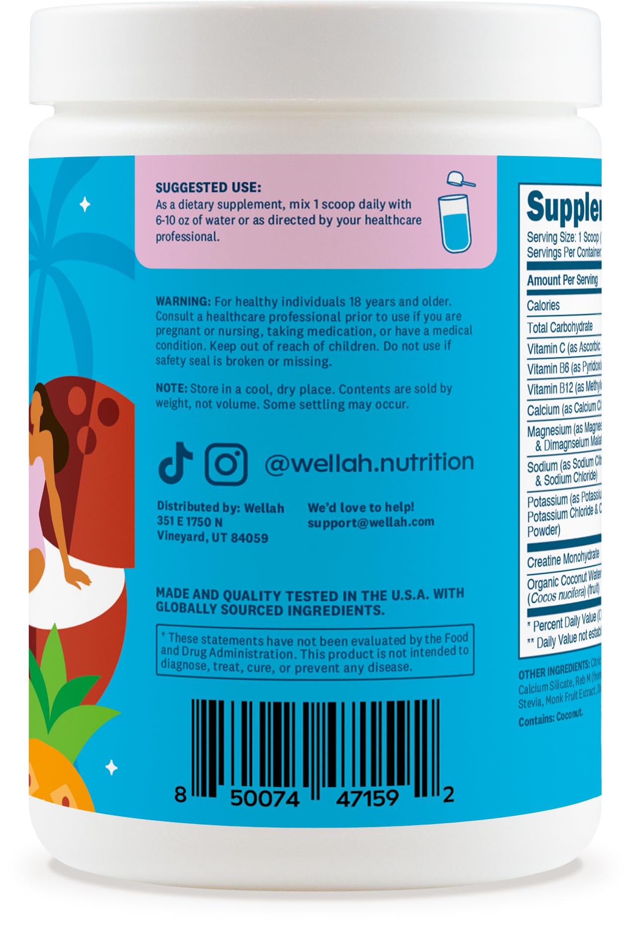 Wellah Creatine + Electrolytes Powder Blue Hawaii with a glass of mixed drink