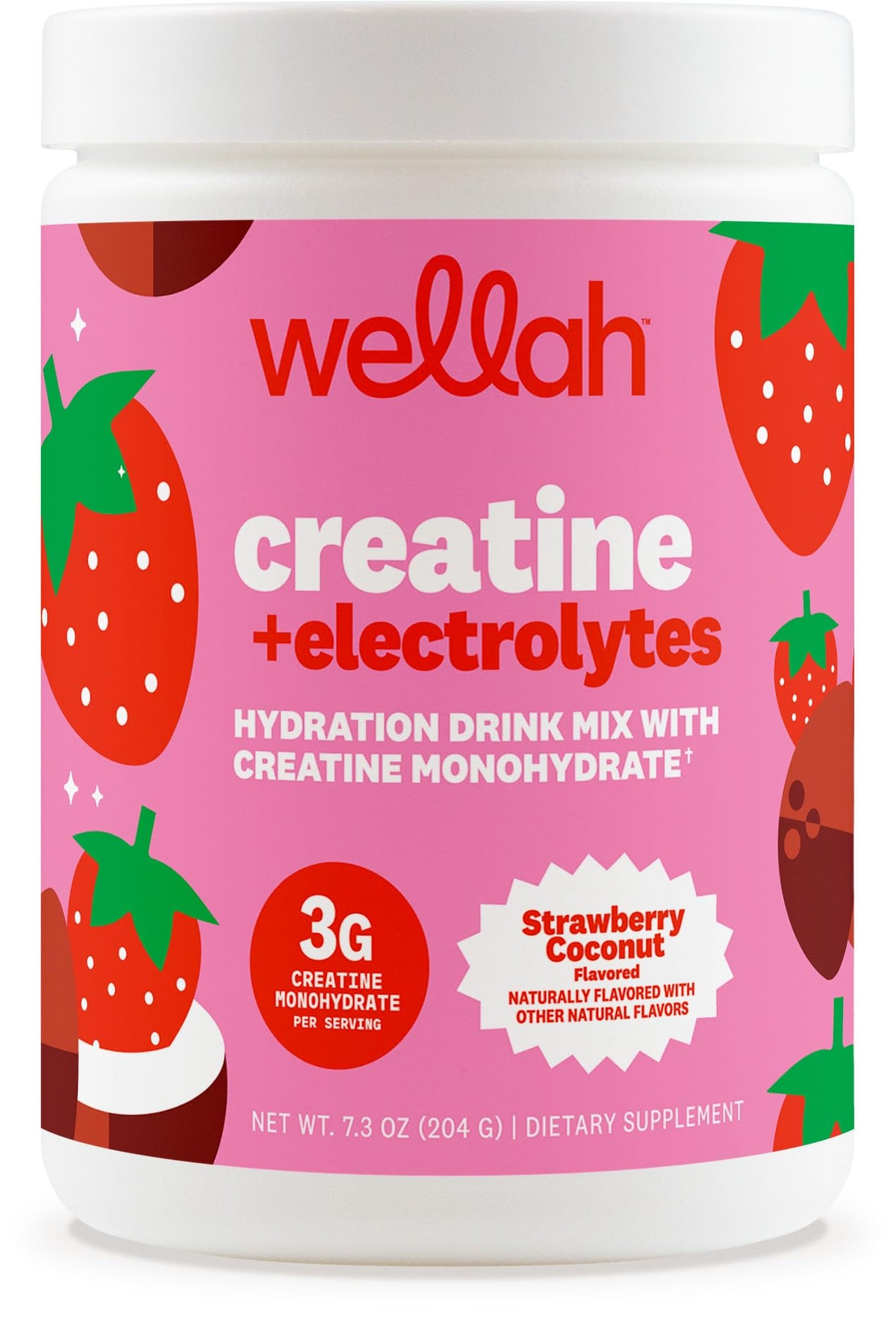 Wellah Creatine + Electrolytes Powder front view with Tropical Strawberry Coconut flavour