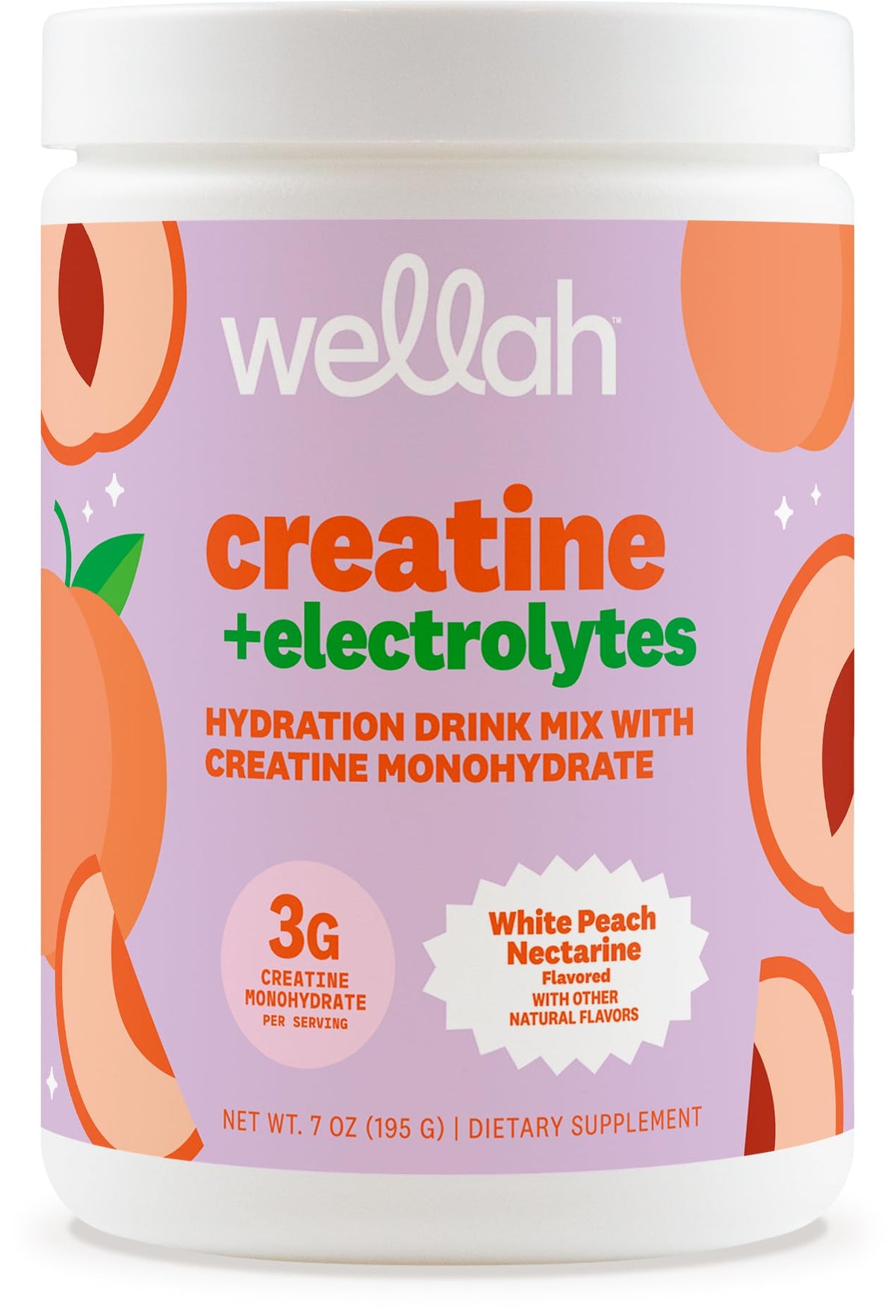 Wellah Creatine + Electrolytes Powder front view with White Peach Nectarine flavour